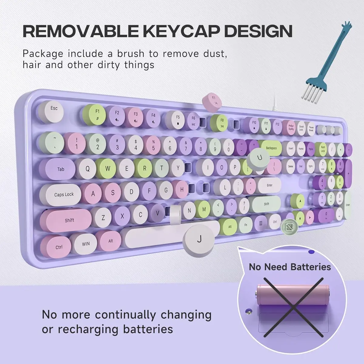 KNOWSQT Wired Computer Keyboard - Purple Colorful Retro Full Size Round Keycaps | Typewriter Style, Compatible with Windows & PC - view 5