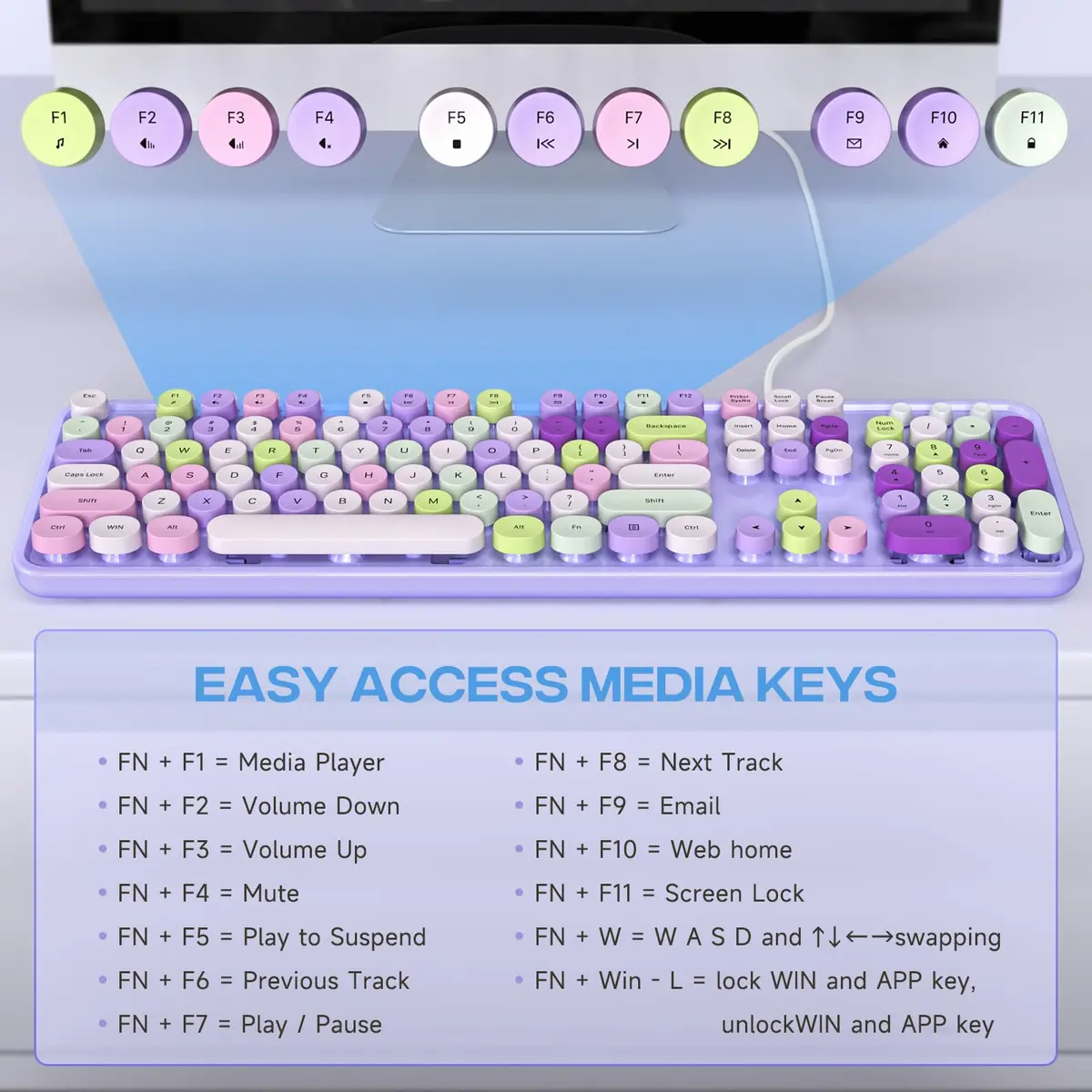 KNOWSQT Wired Computer Keyboard - Purple Colorful Retro Full Size Round Keycaps | Typewriter Style, Compatible with Windows & PC - view 6