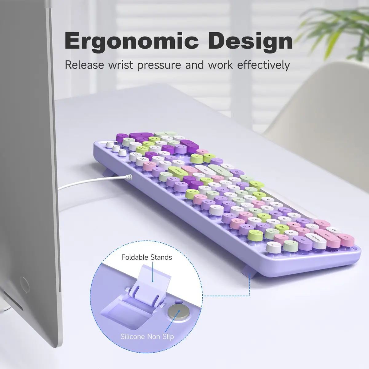 KNOWSQT Wired Computer Keyboard - Purple Colorful Retro Full Size Round Keycaps | Typewriter Style, Compatible with Windows & PC - view 8