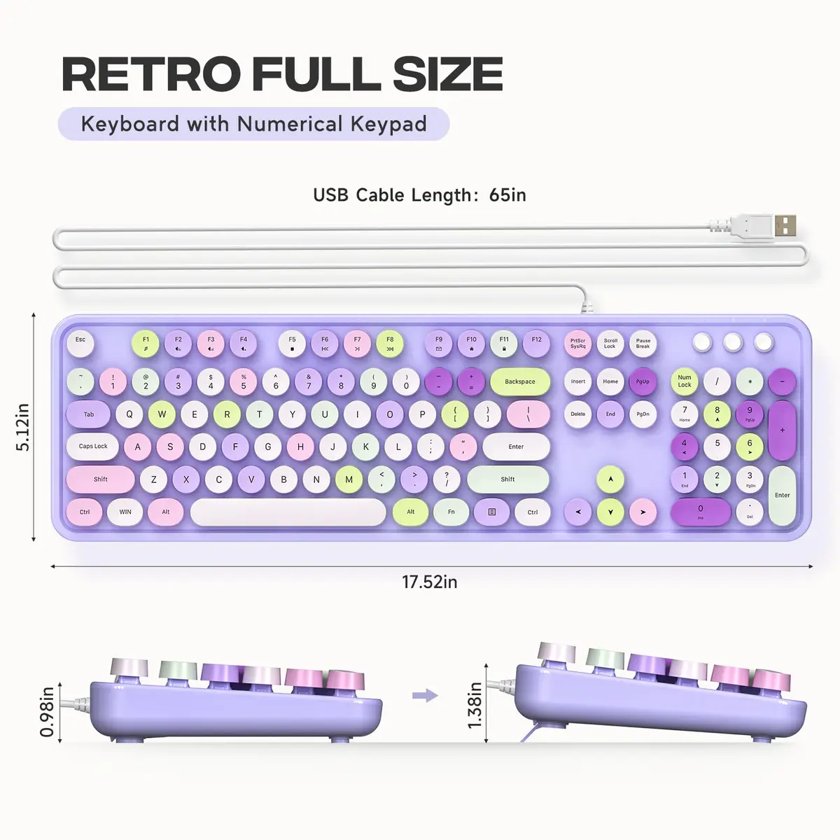 KNOWSQT Wired Computer Keyboard - Purple Colorful Retro Full Size Round Keycaps | Typewriter Style, Compatible with Windows & PC - view 9