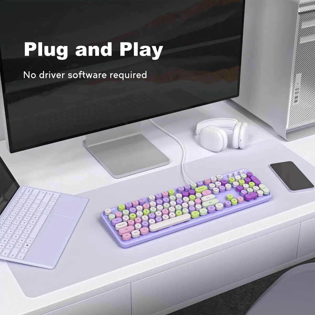 KNOWSQT Wired Computer Keyboard - Purple Colorful Retro Full Size Round Keycaps | Typewriter Style, Compatible with Windows & PC - view 2