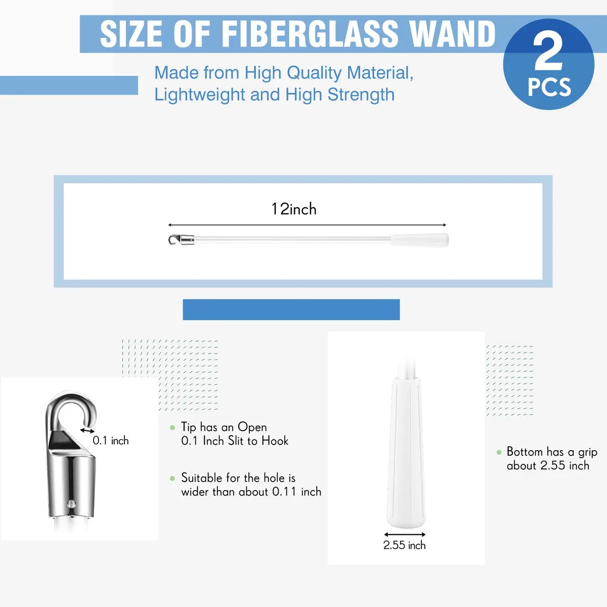 Bokon Fiberglass Replacement Blind Wand 12 Inch | Easy Hook Handle for Horizontal Blinds - view 2