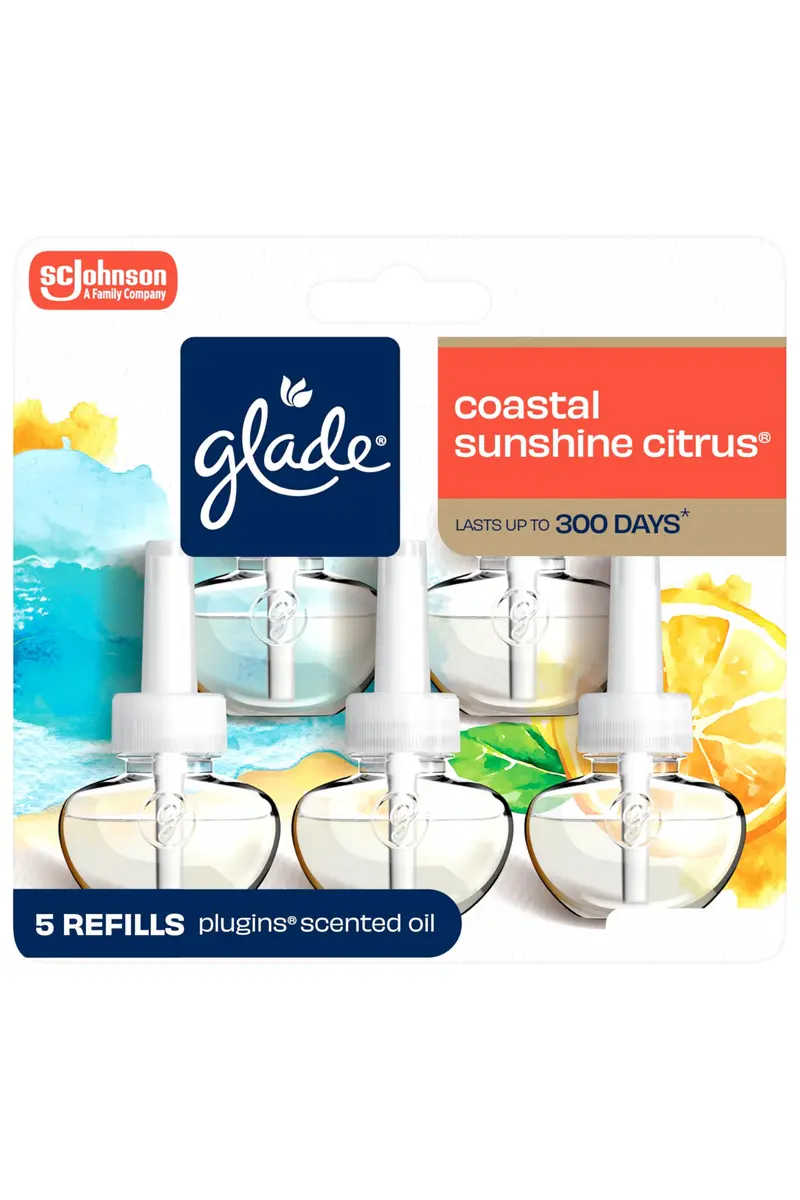 Glade PlugIns Air Freshener Refills Coastal Sunshine Citrus 3.35 fl oz (5 Count) | Scented Oil with Essential Oils - main product image
