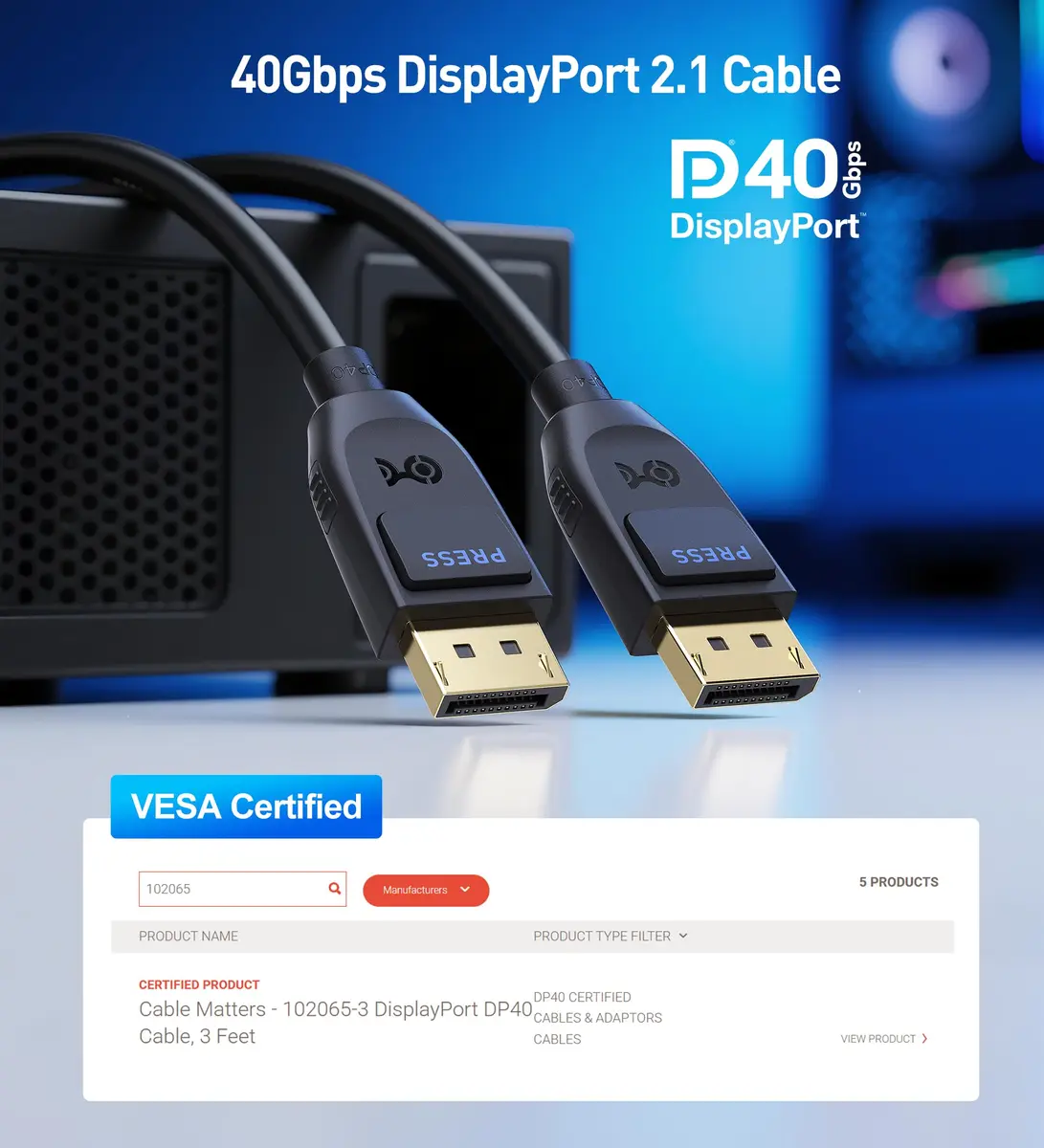 Cable Matters VESA Certified DisplayPort 2.1 Cable 1m (3.3ft) | 40Gbps DP40 8K 120Hz, 4K 240Hz - view 2
