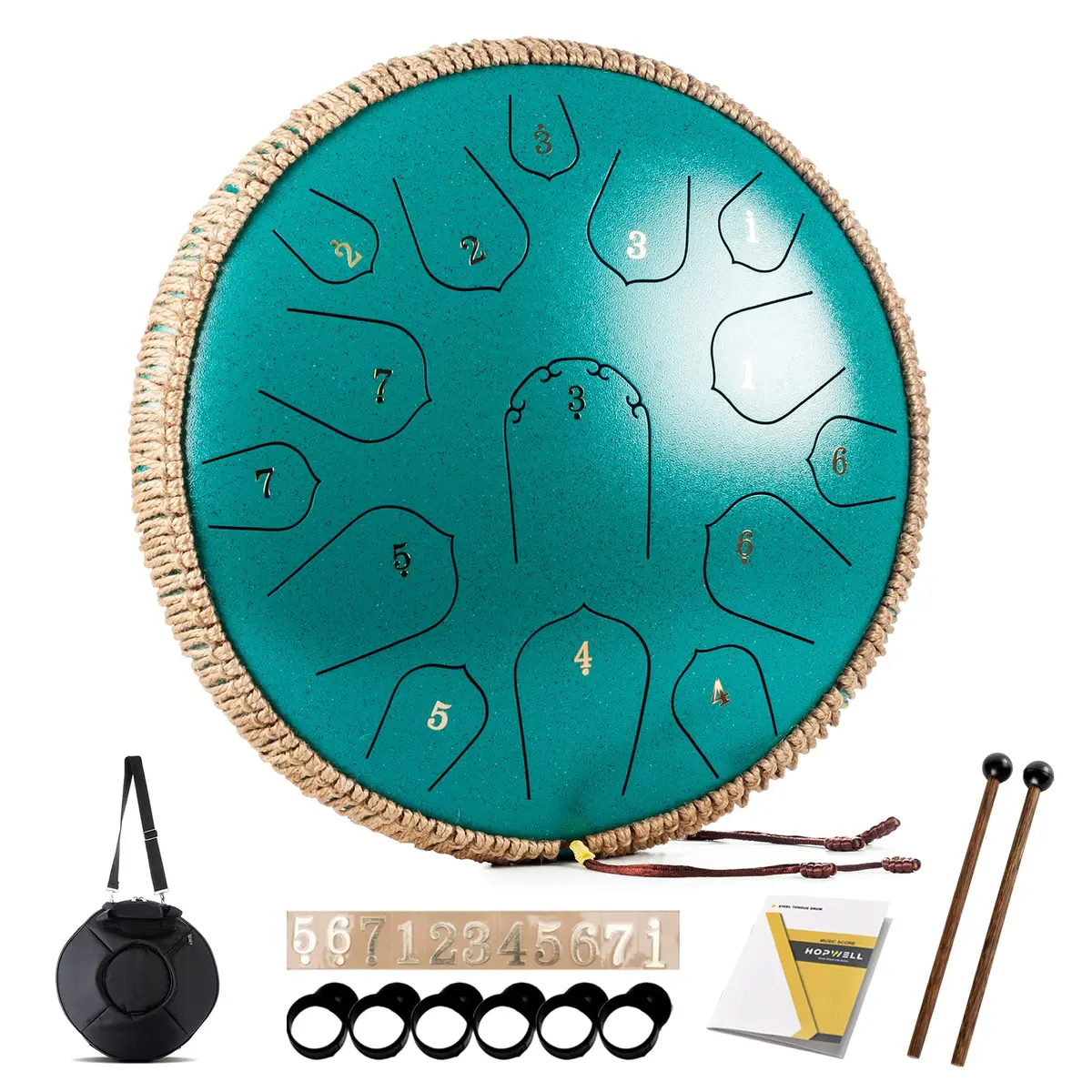 HOPWELL Steel Tongue Drum 15 Note 14 Inch | Hand Pan Percussion Instrument with Music Book & Carry Bag - main product image