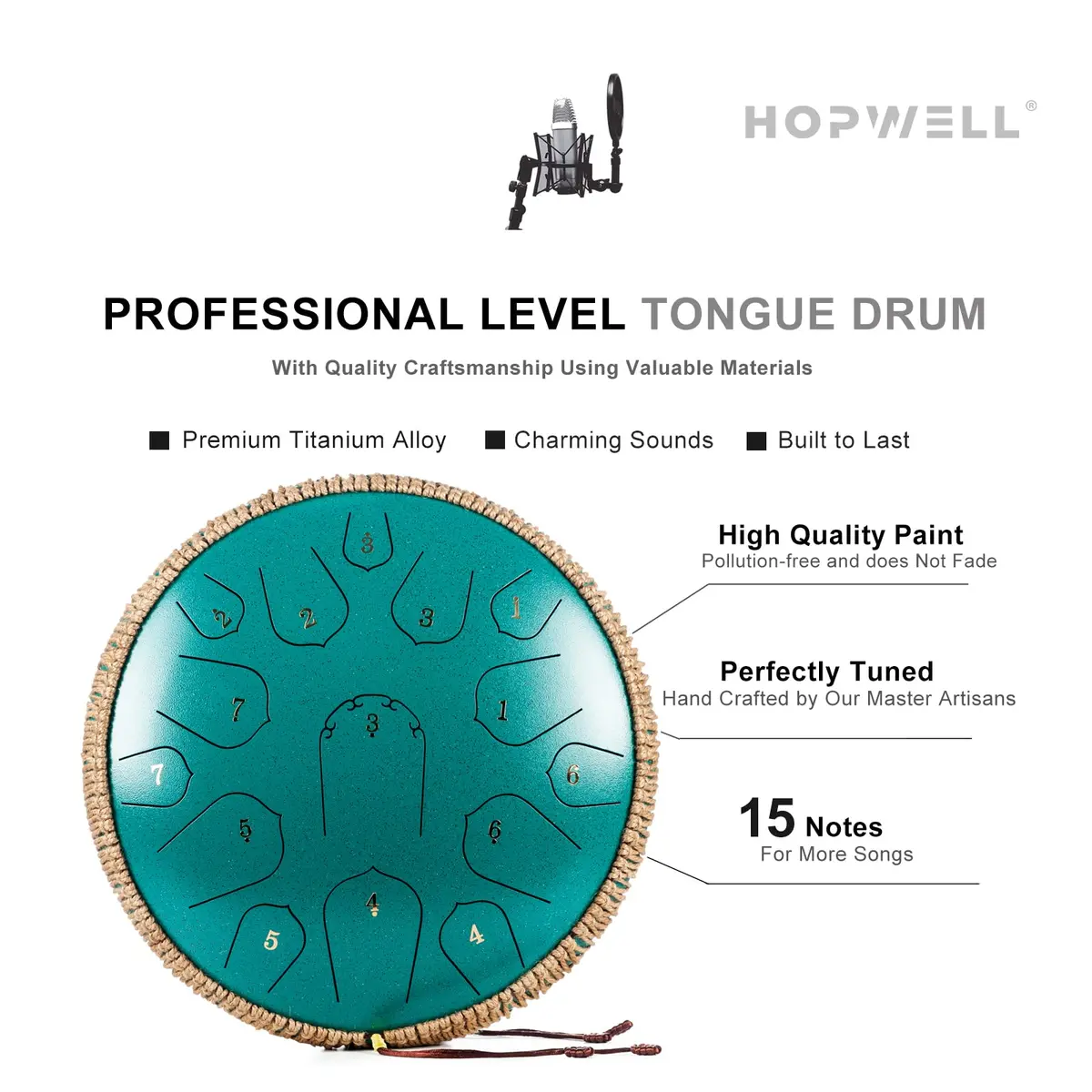 HOPWELL Steel Tongue Drum 15 Note 14 Inch | Hand Pan Percussion Instrument with Music Book & Carry Bag - view 3
