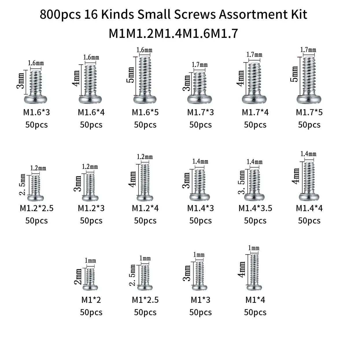 woshilaoDS Tiny Screws for Electronics Assortment Kit M1-M1.7, 800 Pcs | Metric Micro Screws for Repairs - view 2
