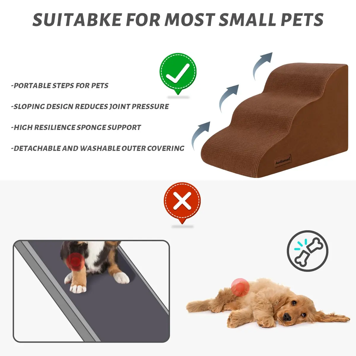 aodisman 3-Step Pet Stairs for Small Dogs and Cats, 38 cm (15" H) | Helps Pets Reach Furniture Safely - view 4
