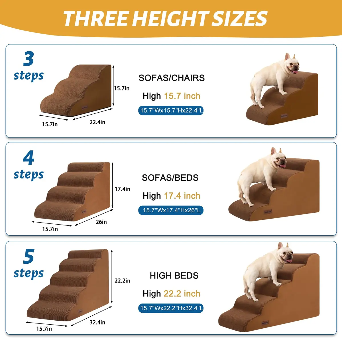 aodisman 3-Step Pet Stairs for Small Dogs and Cats, 38 cm (15" H) | Helps Pets Reach Furniture Safely - view 6