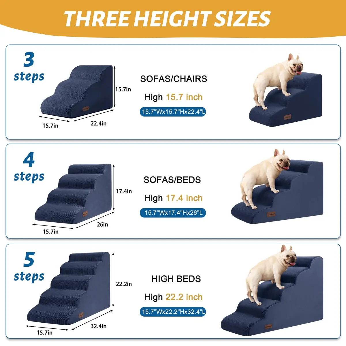aodisman 3-Step Pet Stairs 15.7"H (40cm) | Soft Non-Slip Ramp for Small Dogs & Cats - view 7
