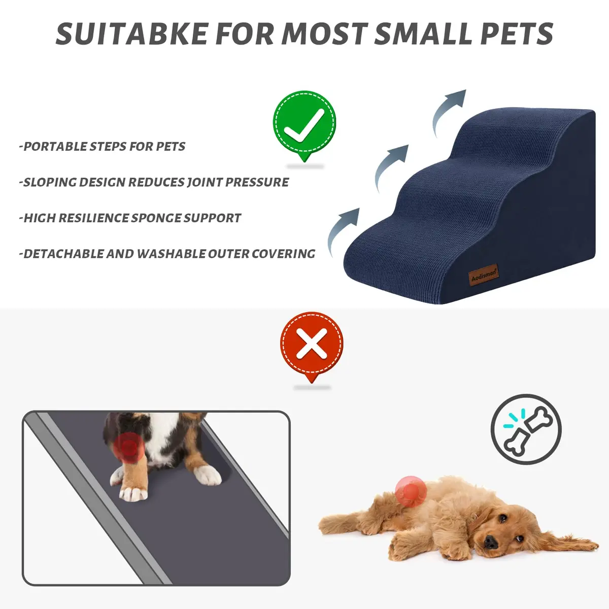 aodisman 3-Step Pet Stairs 15.7"H (40cm) | Soft Non-Slip Ramp for Small Dogs & Cats - view 4