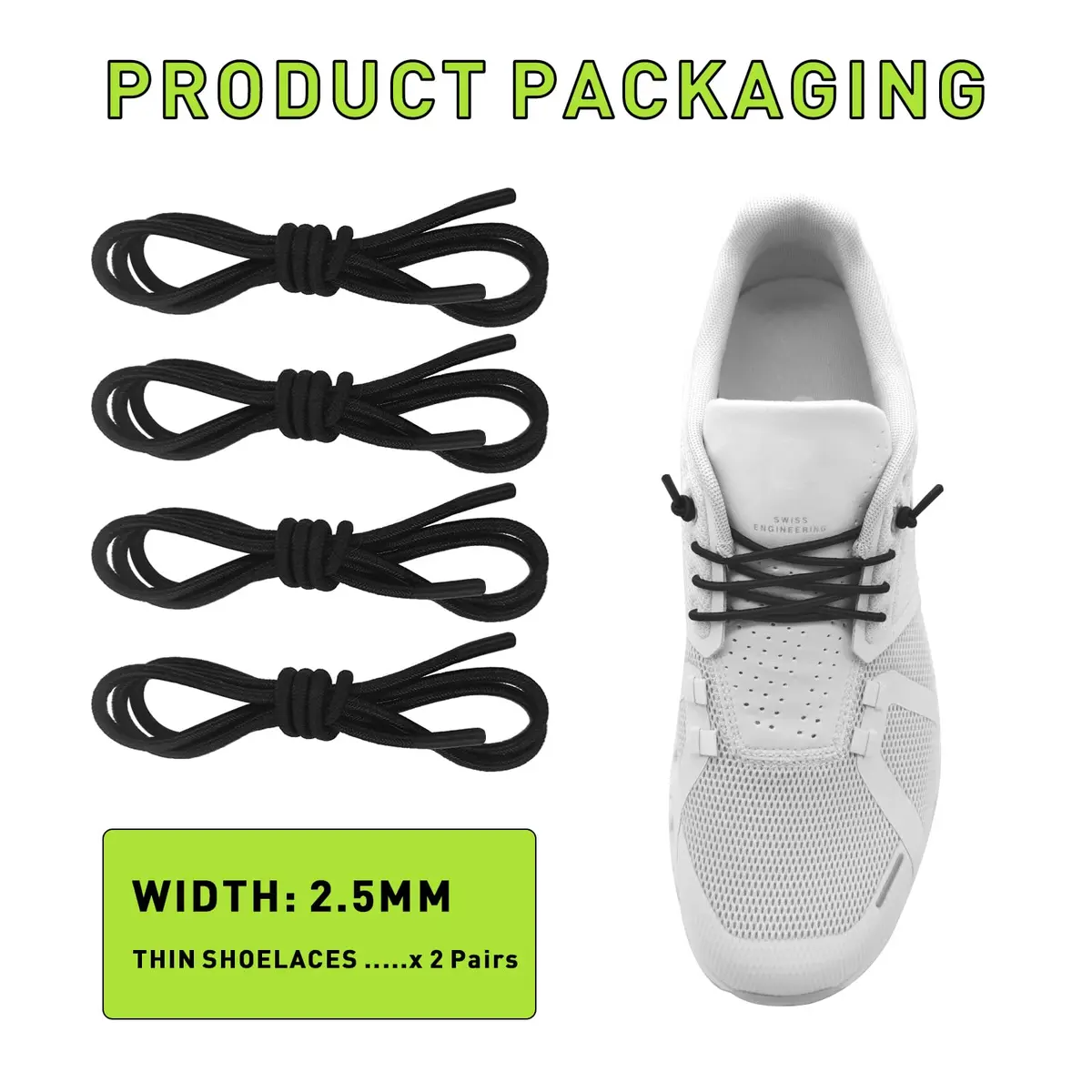 NDTEZUGT Elastic Shoe Laces for Sneakers | No Tie, 24" Black-3, 2 Pairs - view 2