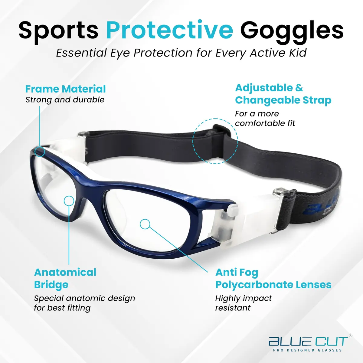BLUE CUT Safety Basketball Goggles for Kids | Anti-Fog, Adjustable Strap, Durable Plastic Frame - view 5