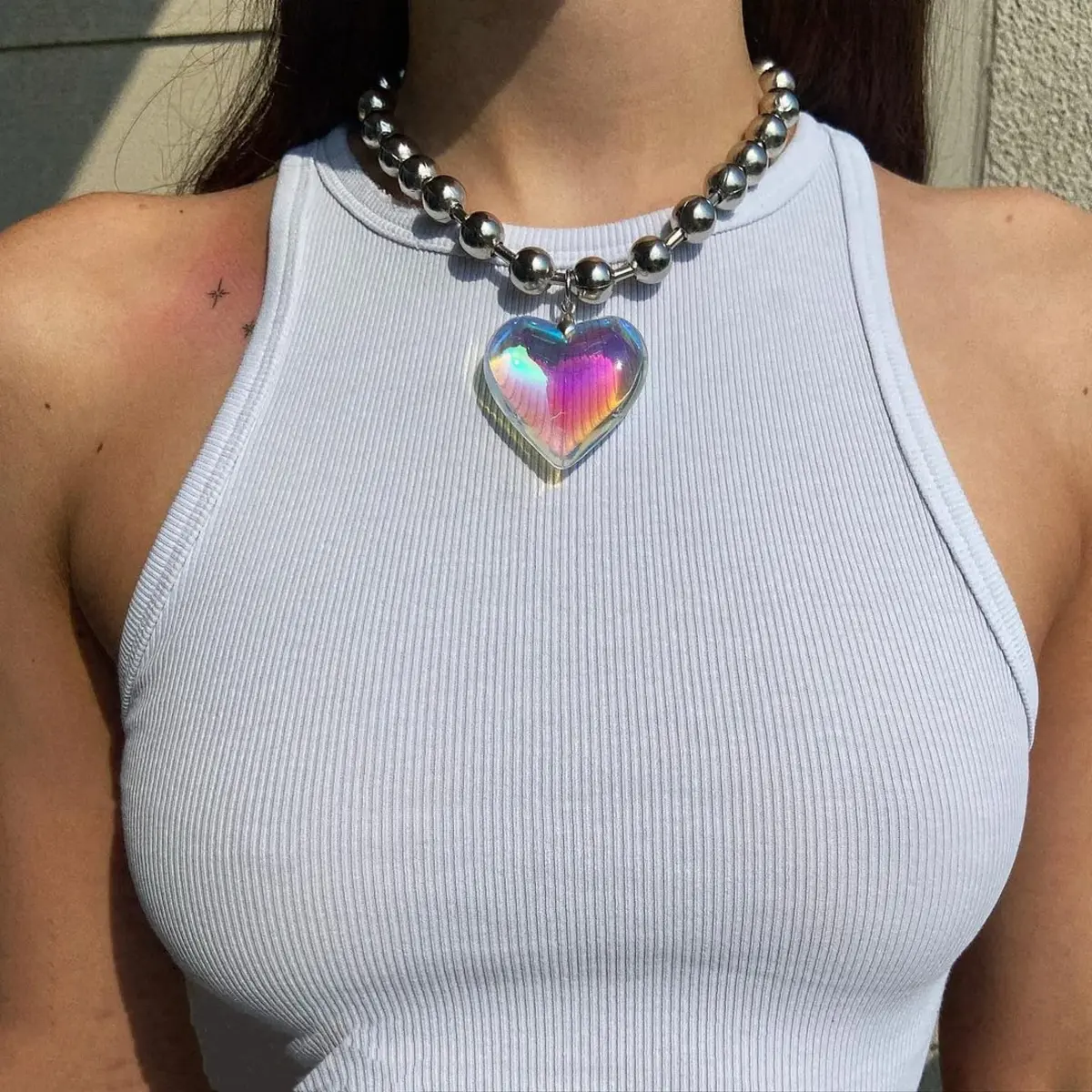 Caiyao Heart Pendant Necklace 35mm | Y2K Colorful Chunky Glass Beaded Chain - view 3