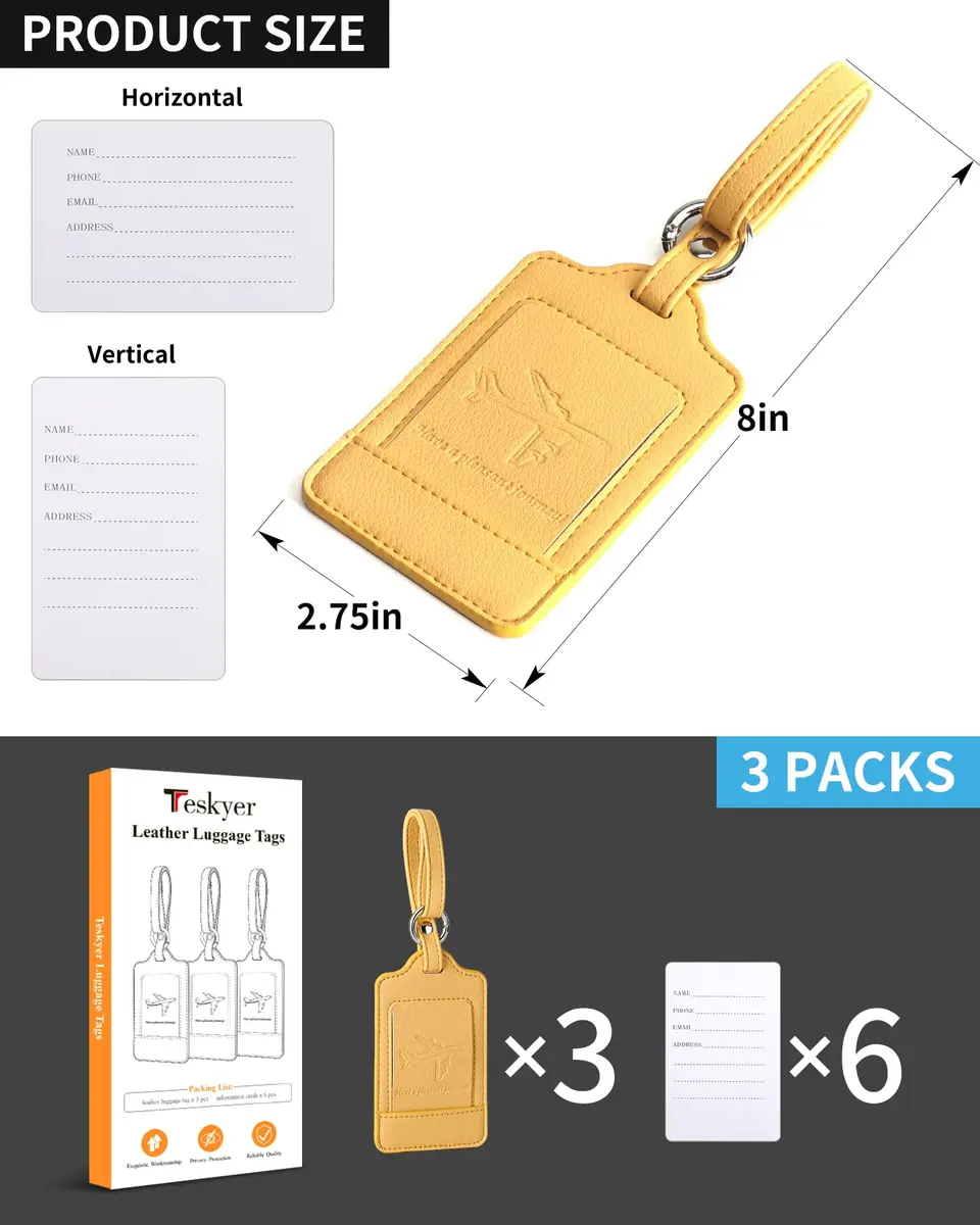 Teskyer Leather Luggage Tags for Suitcases 3 Pack | Privacy Protection, Durable PU Leather, 2.7x10.7 inches, 6.5" Strap - view 7