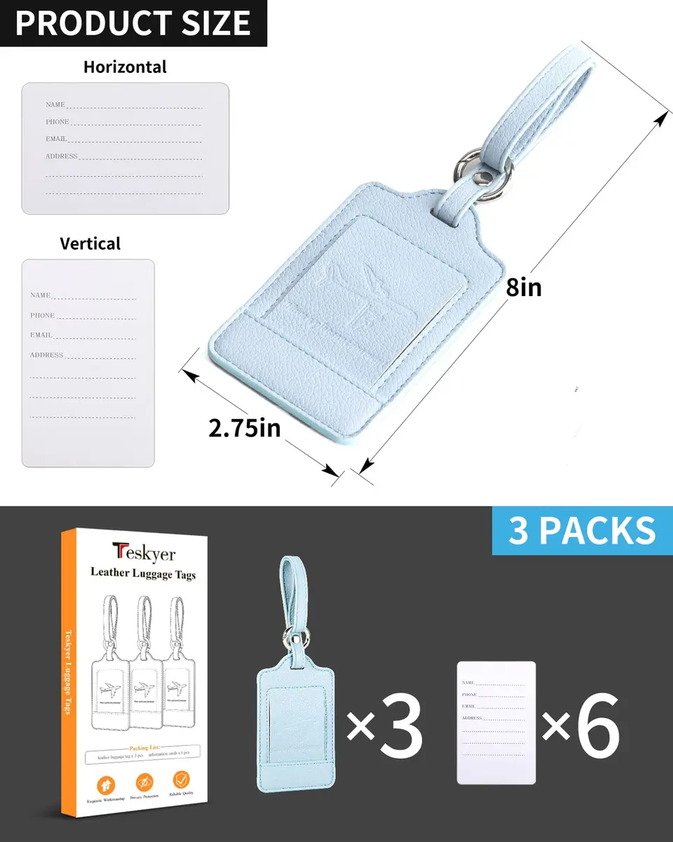 Teskyer Leather Luggage Tags for Suitcases 3 Pack | Lichee Cyan, Privacy & Durability, 2.7x10.7 inches - view 7