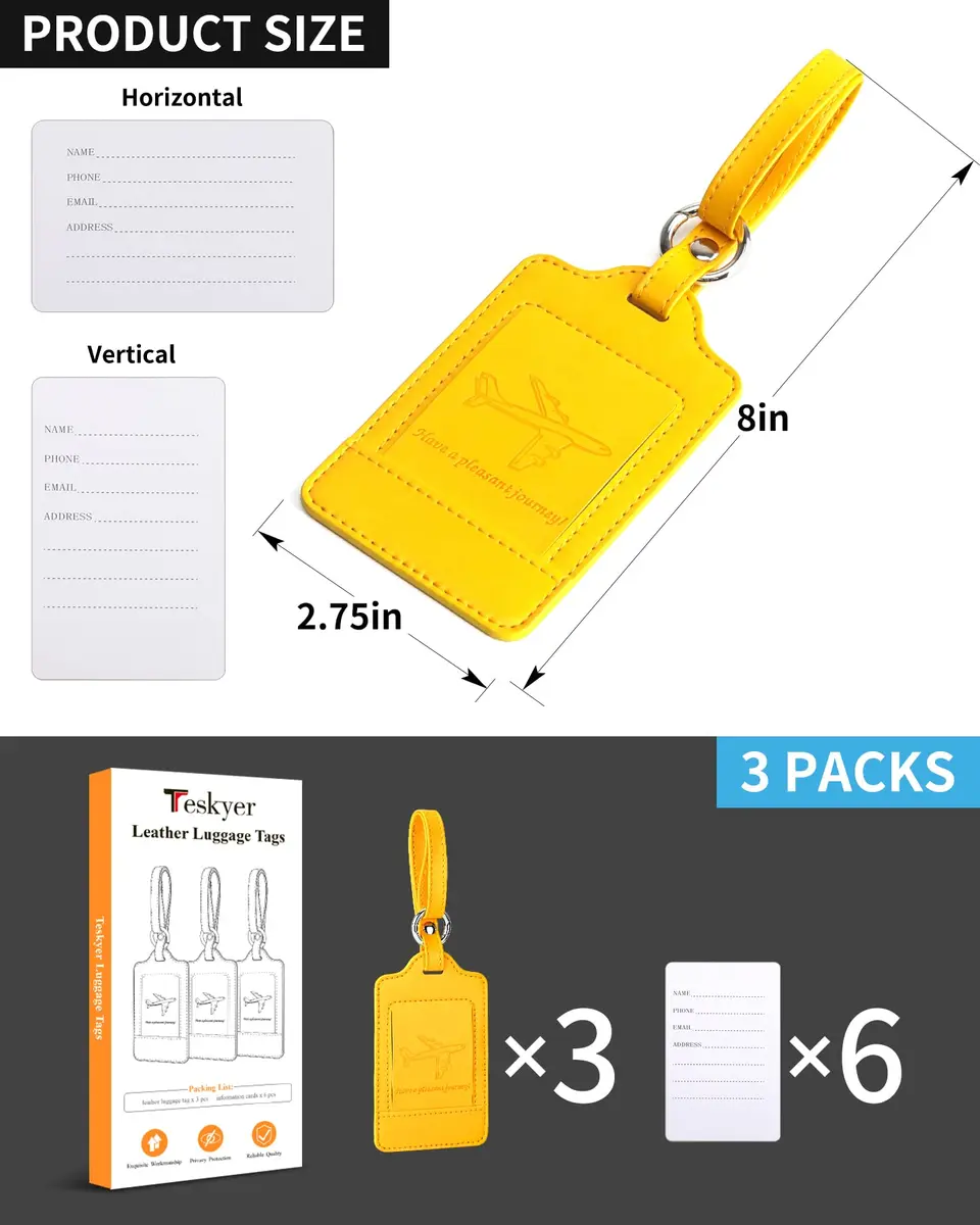 Teskyer Leather Luggage Tags for Suitcases 3 Pack | Privacy Protection, Durable PU Leather, Easy Attach, 2.7x10.7 inches - view 7