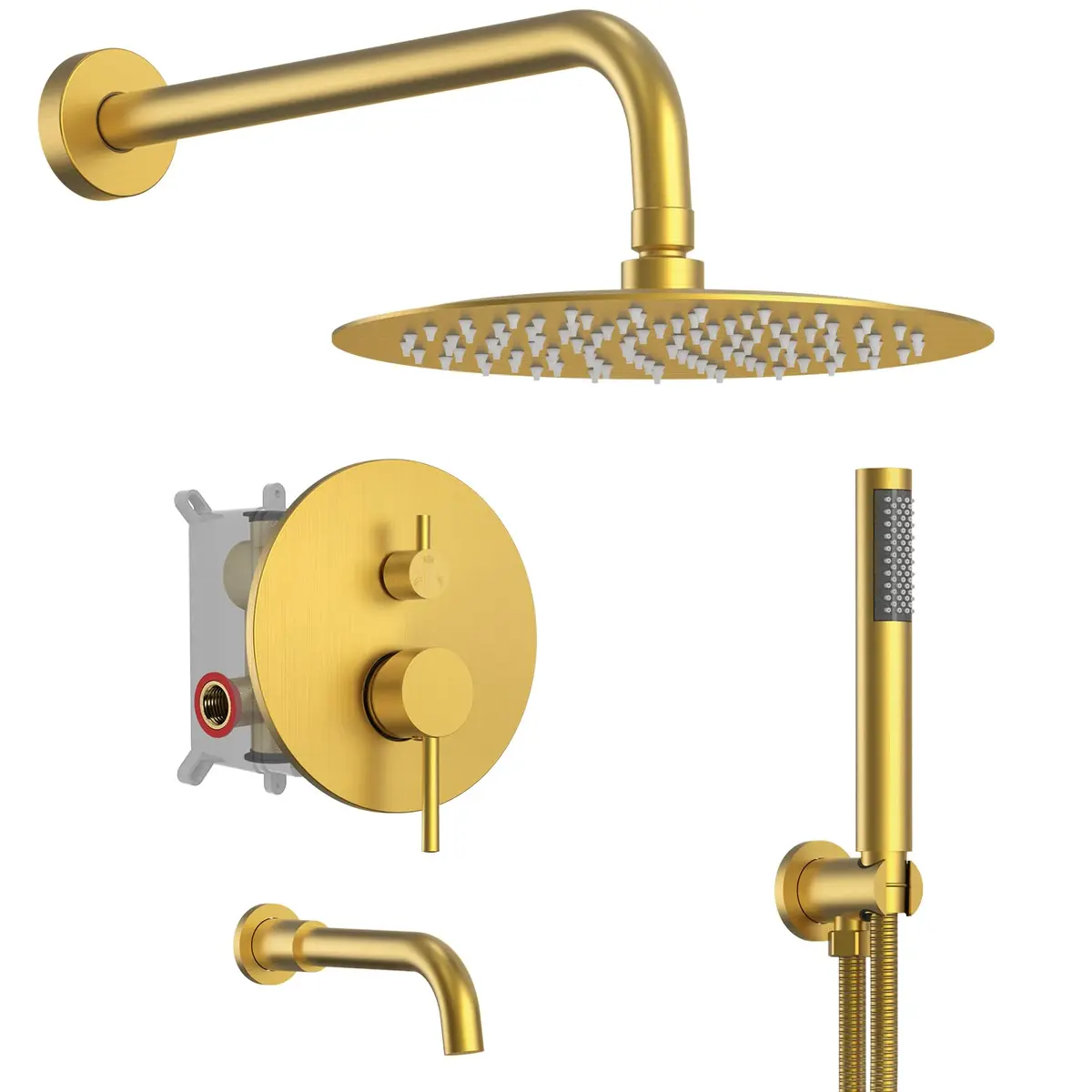 EVERSTEIN Shower System with Tub Spout | 10 Inch High Pressure Rain Shower Head & Handheld Sprayer, Brushed Gold - main product image