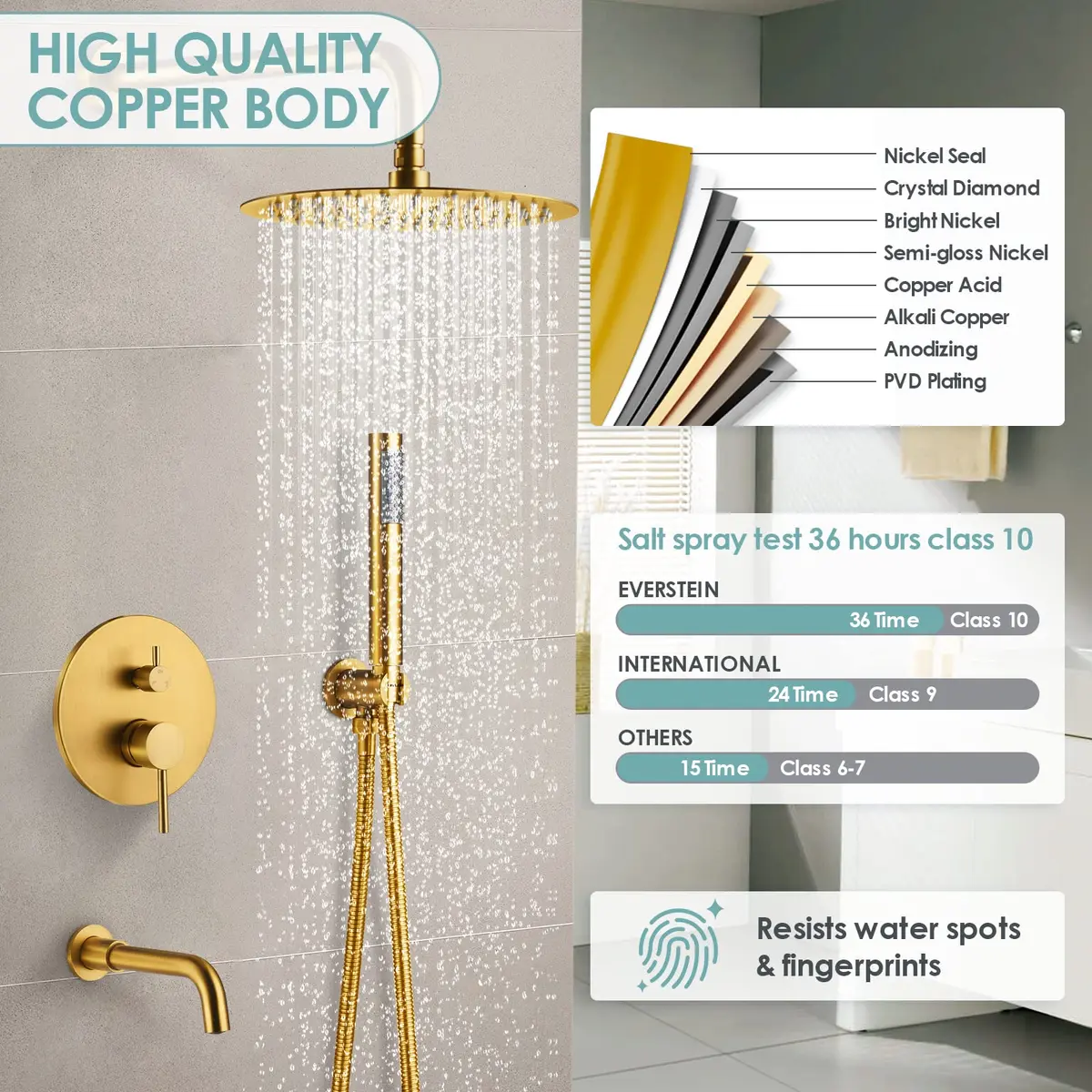 EVERSTEIN Shower System with Tub Spout | 10 Inch High Pressure Rain Shower Head & Handheld Sprayer, Brushed Gold - view 8