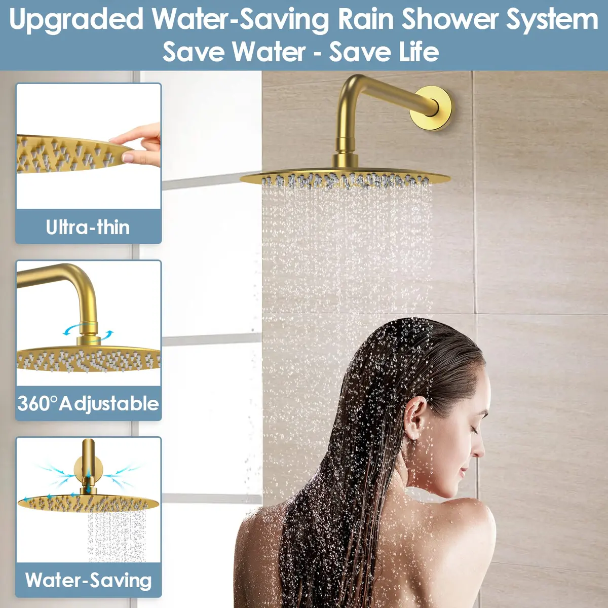 EVERSTEIN Shower System with Tub Spout | 10 Inch High Pressure Rain Shower Head & Handheld Sprayer, Brushed Gold - view 4