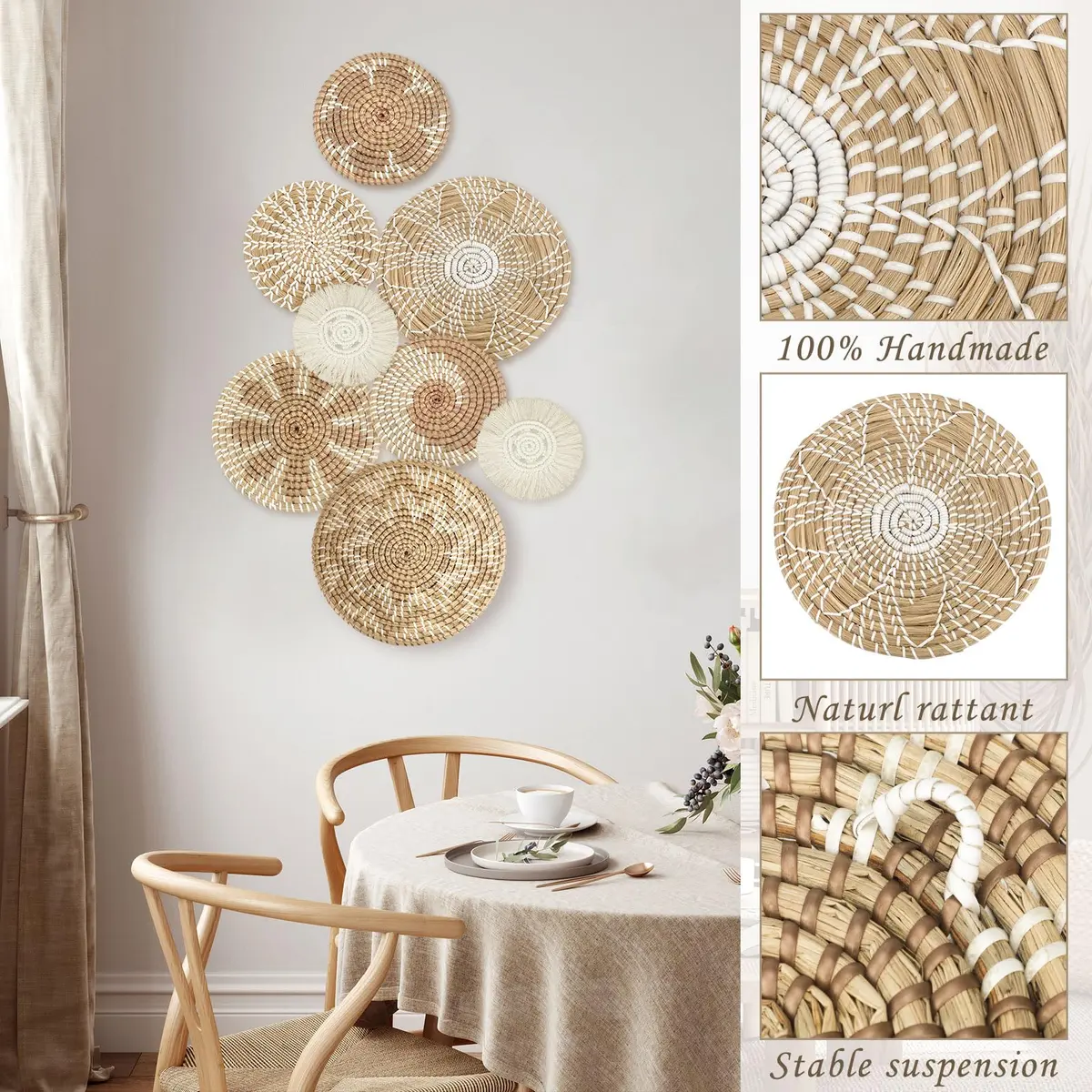 Xuhal 8 Pcs Boho Wall Basket Decor Rustic Farmhouse Summer | Handwoven Seagrass Wall Art - view 5