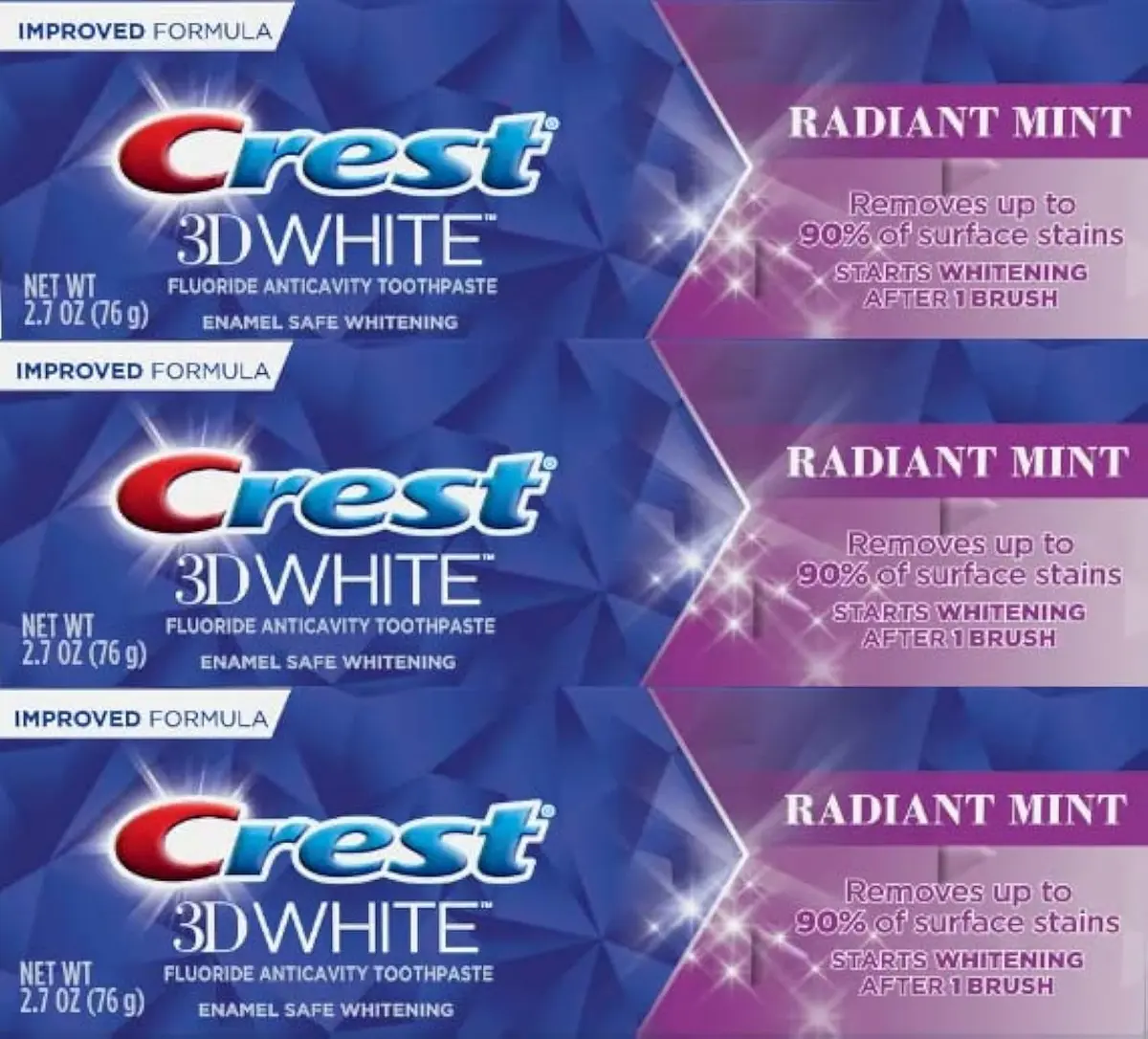 Crest 3D White Radiant Mint Toothpaste 76g (2.7 Oz) - Pack of 3 | Removes 90% Surface Stains - main product image