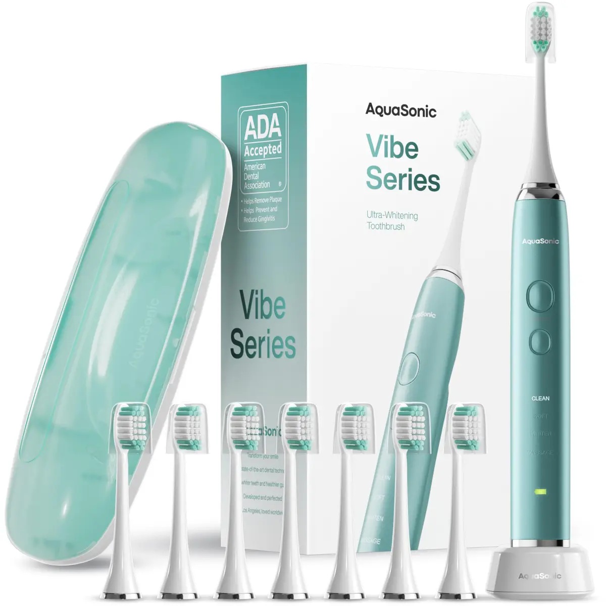 Aquasonic Vibe Series Ultra-Whitening Toothbrush with 8 Brush Heads & Travel Case - Mint Green Metallic (1 Count) - main product image