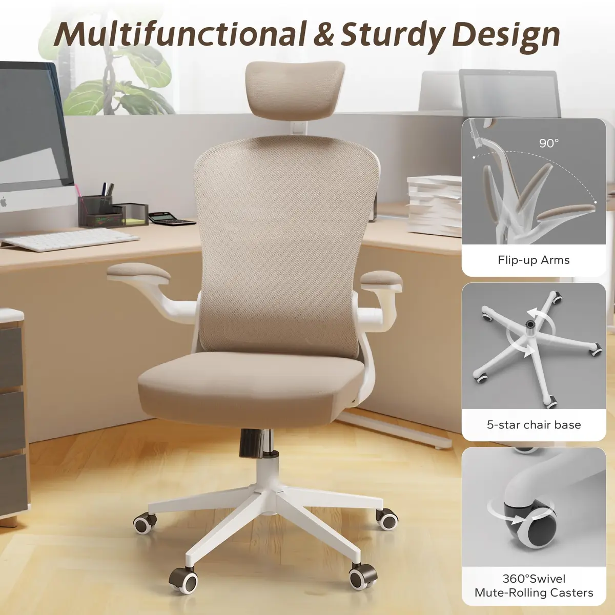SICHY AGE High Back Mesh Office Desk Chair with Adjustable Lumbar Support & Flip-Up Armrests (Khaki, 23in x 29in x 28in) - view 5