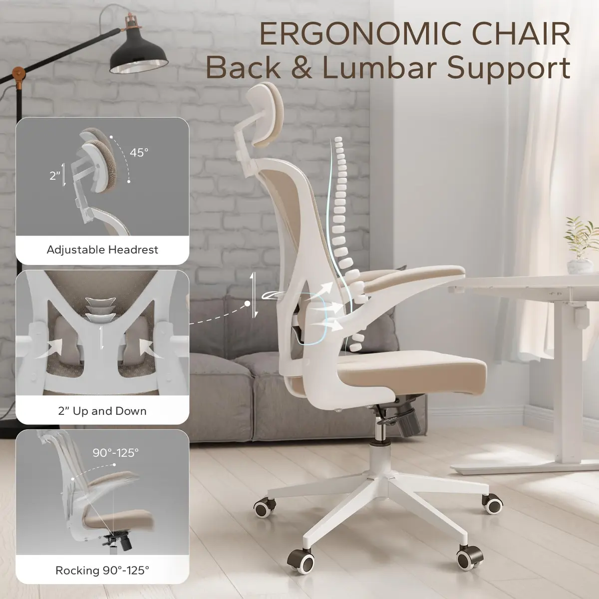 SICHY AGE High Back Mesh Office Desk Chair with Adjustable Lumbar Support & Flip-Up Armrests (Khaki, 23in x 29in x 28in) - view 6