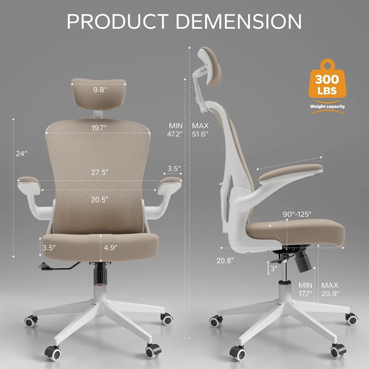 SICHY AGE High Back Mesh Office Desk Chair with Adjustable Lumbar Support & Flip-Up Armrests (Khaki, 23in x 29in x 28in) - view 2