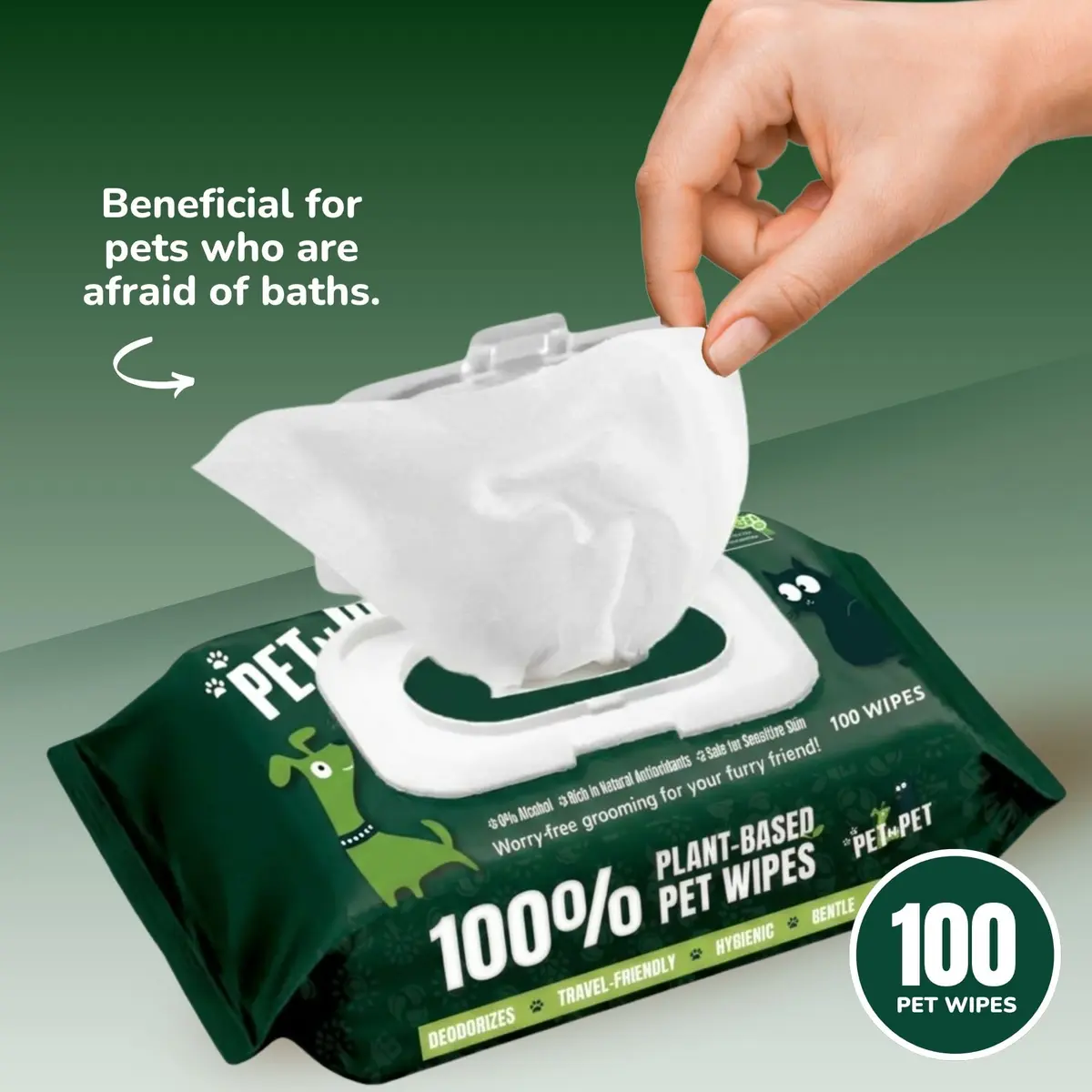 PET N PET Dog Wipes 100 Count Unscented Hypoallergenic | Waterless Pet Grooming Wipes for Paws & Face - view 3