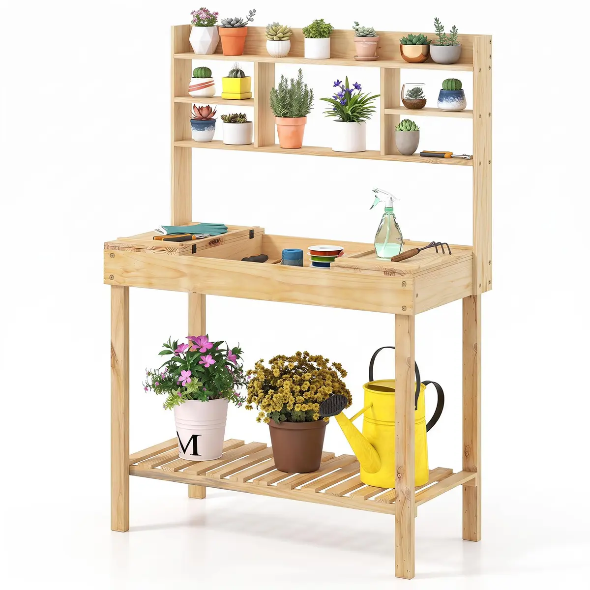 HAPPYGRILL Potting Bench Table, 60” Wood Garden Work Bench with Storage, Natural Fir, Outdoor - main product image