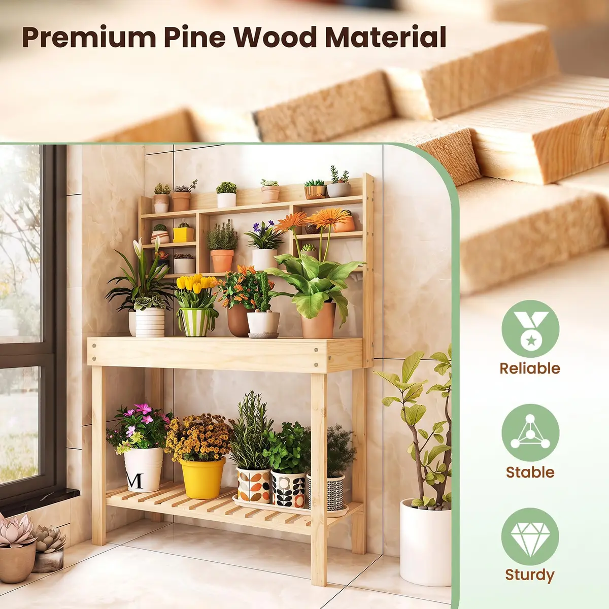 HAPPYGRILL Potting Bench Table, 60” Wood Garden Work Bench with Storage, Natural Fir, Outdoor - view 7