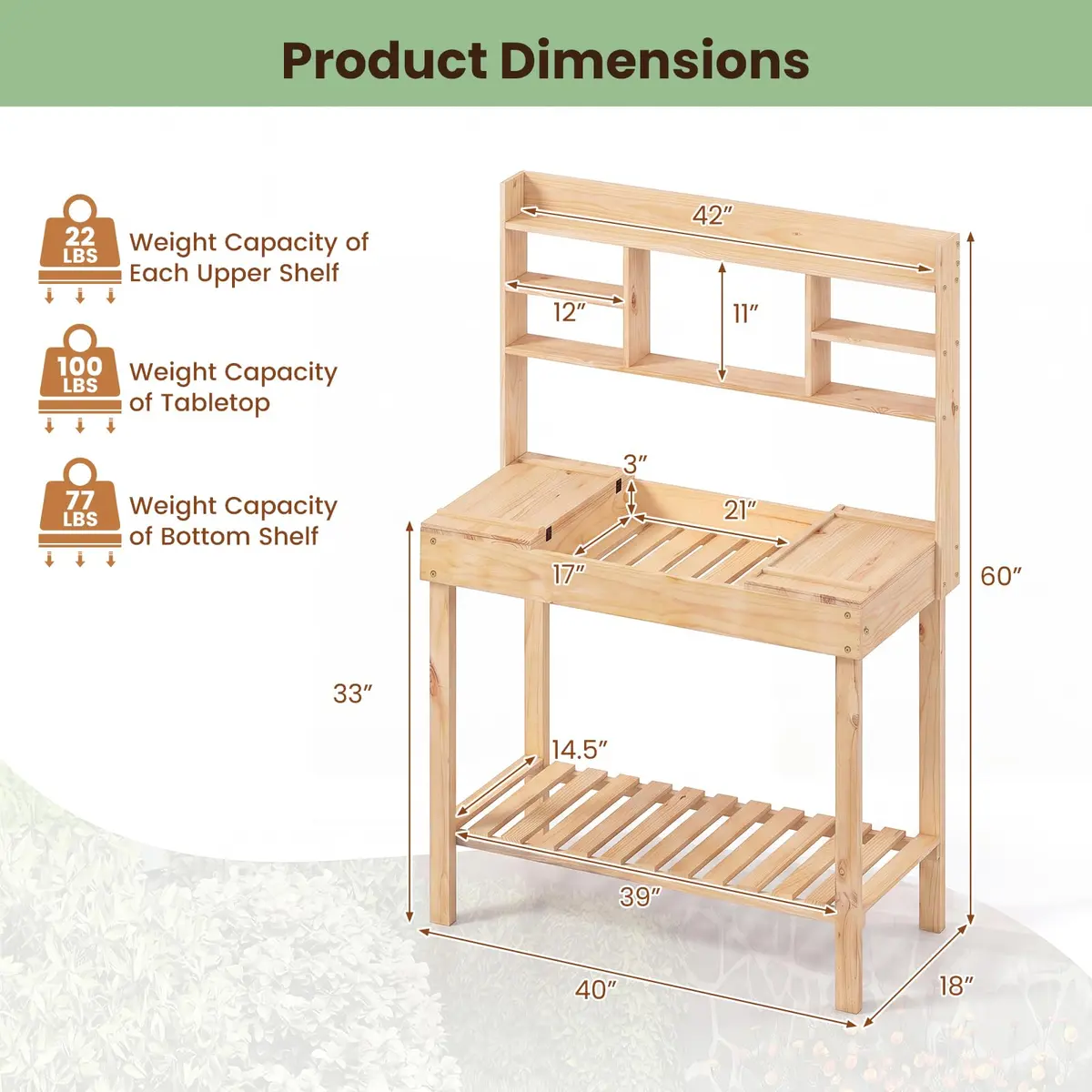 HAPPYGRILL Potting Bench Table, 60” Wood Garden Work Bench with Storage, Natural Fir, Outdoor - view 9