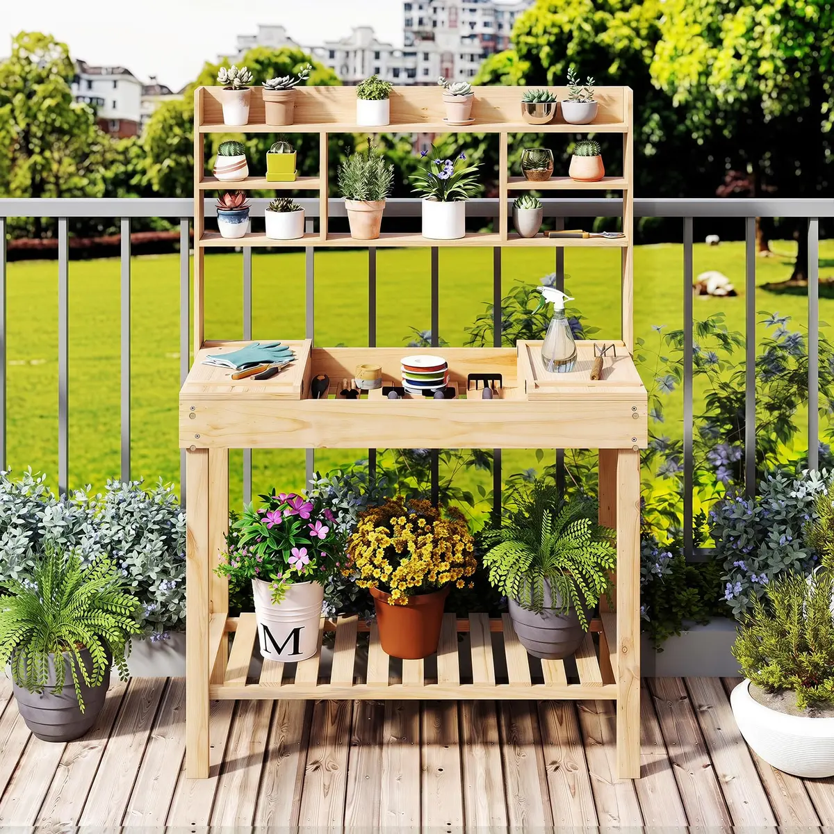 HAPPYGRILL Potting Bench Table, 60” Wood Garden Work Bench with Storage, Natural Fir, Outdoor - view 10