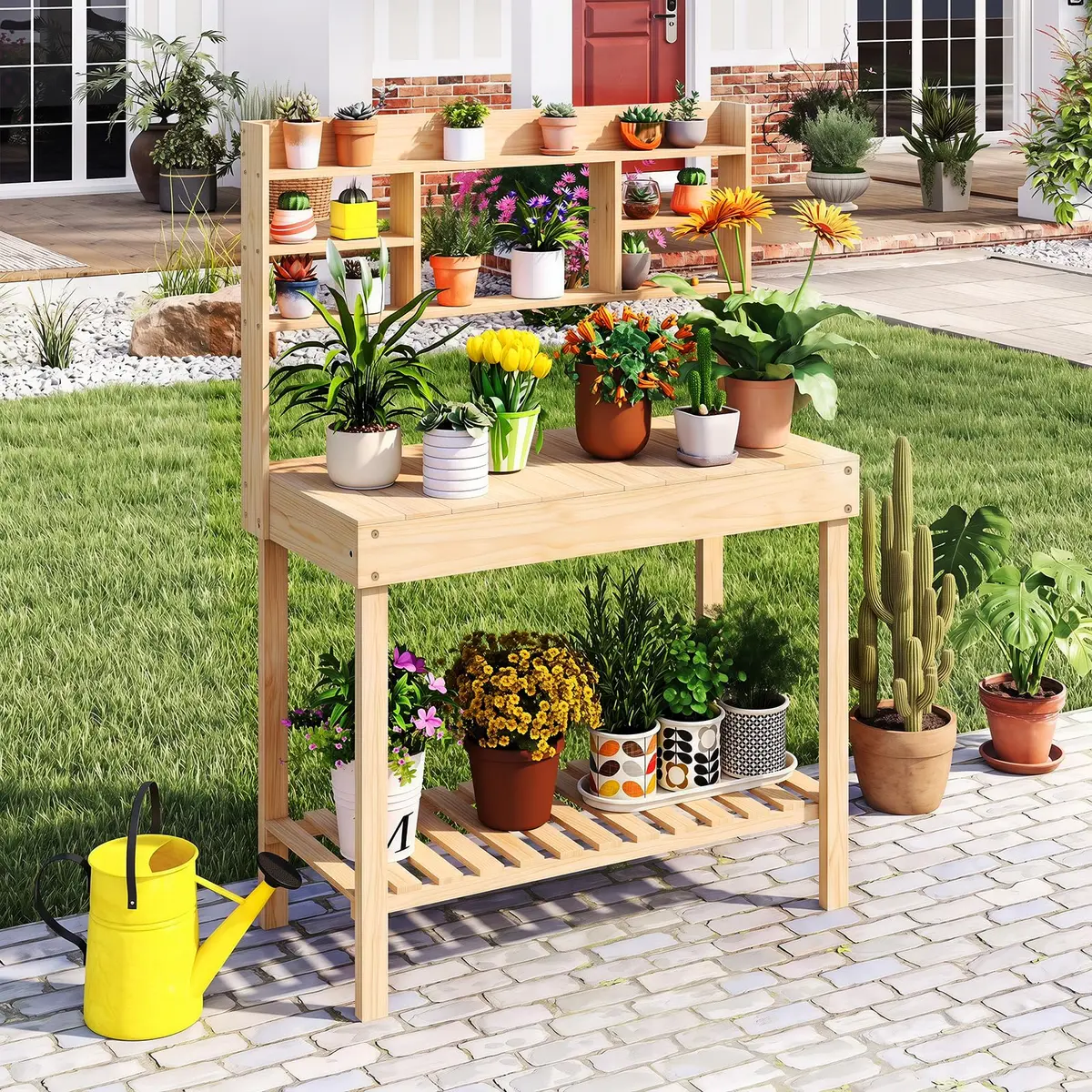 HAPPYGRILL Potting Bench Table, 60” Wood Garden Work Bench with Storage, Natural Fir, Outdoor - view 2
