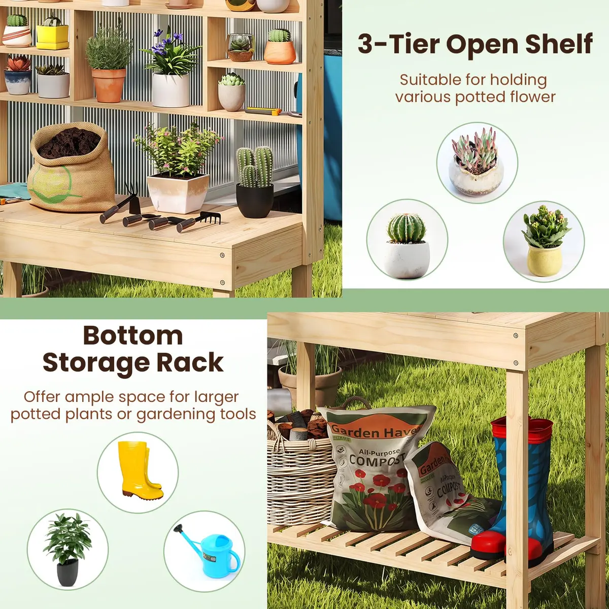 HAPPYGRILL Potting Bench Table, 60” Wood Garden Work Bench with Storage, Natural Fir, Outdoor - view 3