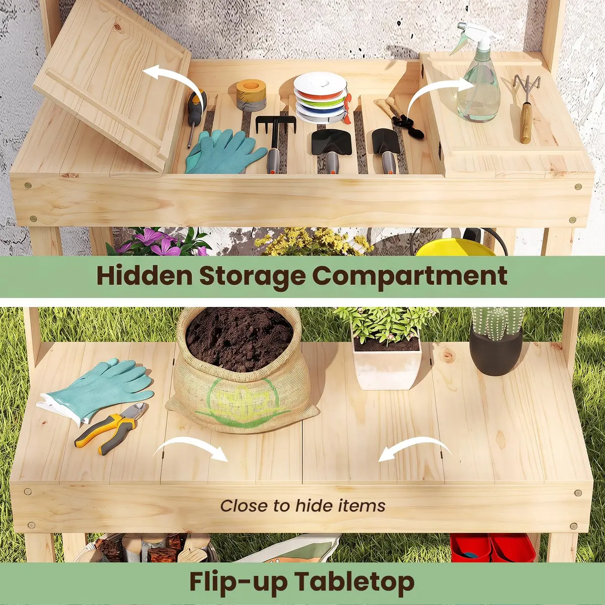 HAPPYGRILL Potting Bench Table, 60” Wood Garden Work Bench with Storage, Natural Fir, Outdoor - view 4