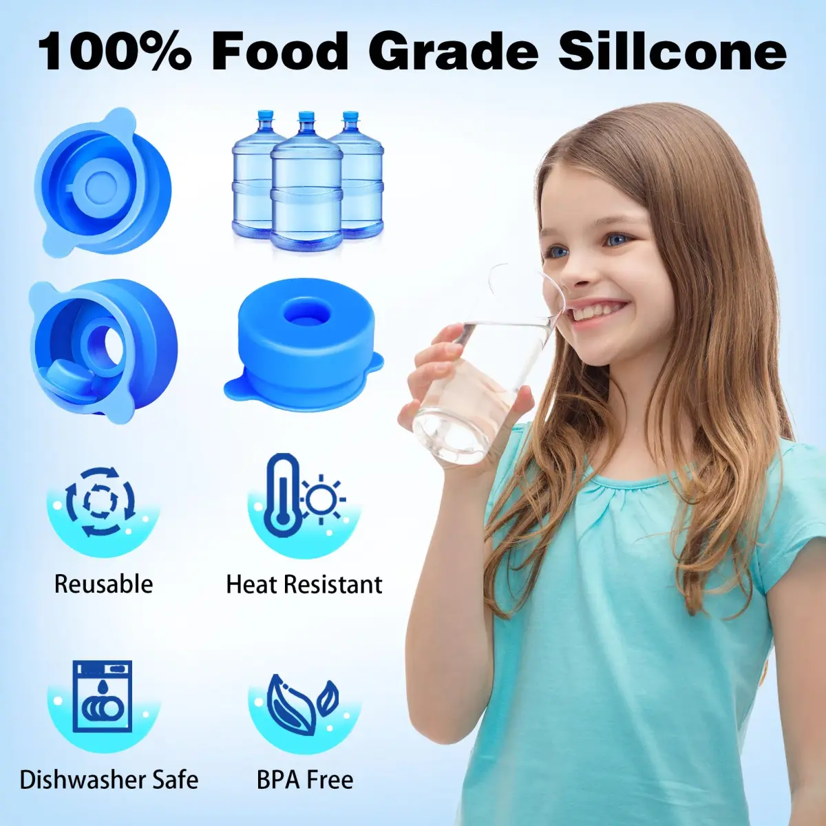 U-Goforst 4 Pack 3 & 5 Gallon Water Jug Caps - 55mm Silicone Reusable Replacement Lids | Leak-Proof & Non-Spill Design - view 5