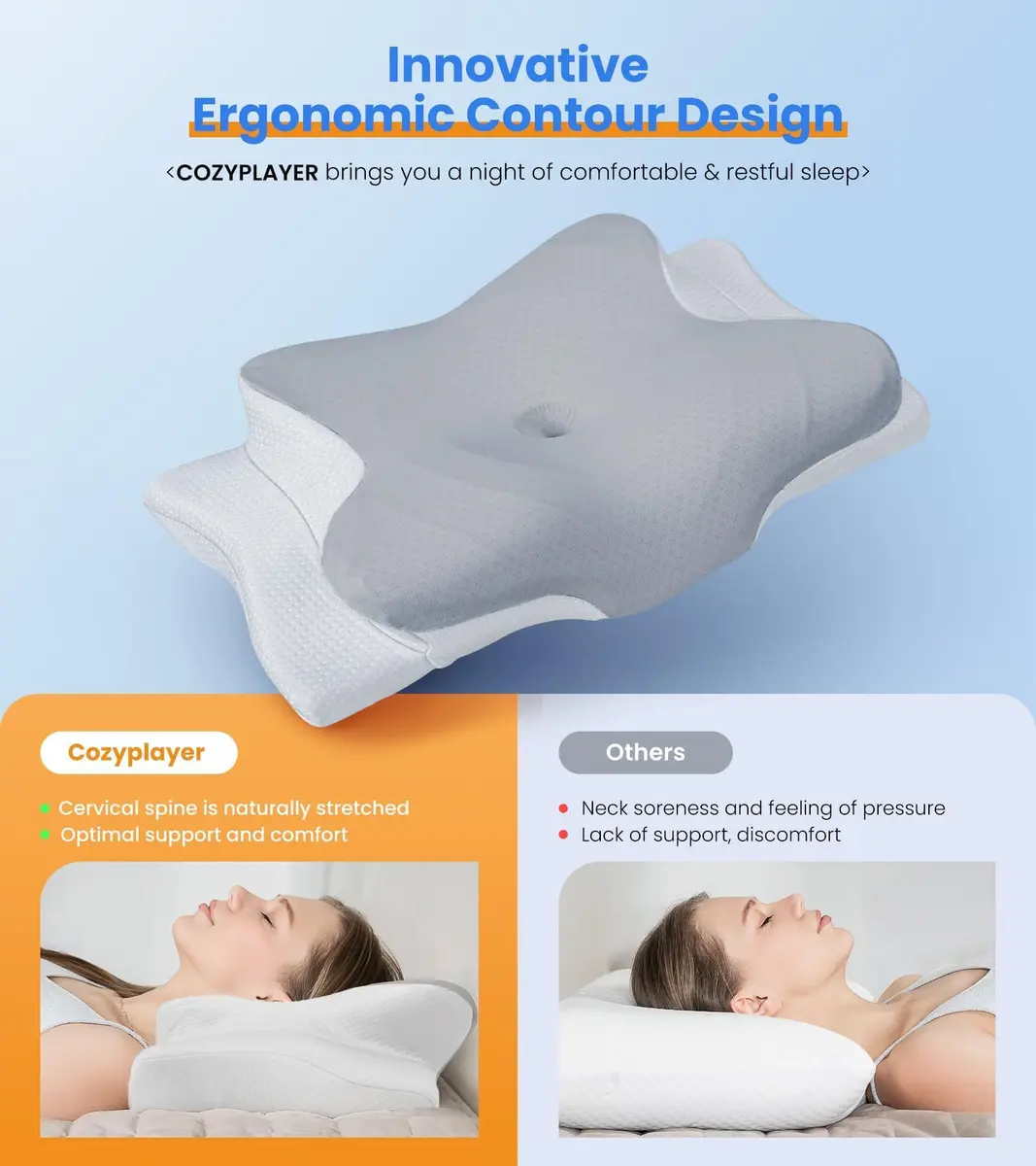 Cozyplayer Ergonomic Cervical Memory Foam Pillow | 59cm (23.2 in) x 34cm (13.4 in) x 13cm (5.1 in) | Neck Pain Relief - view 2