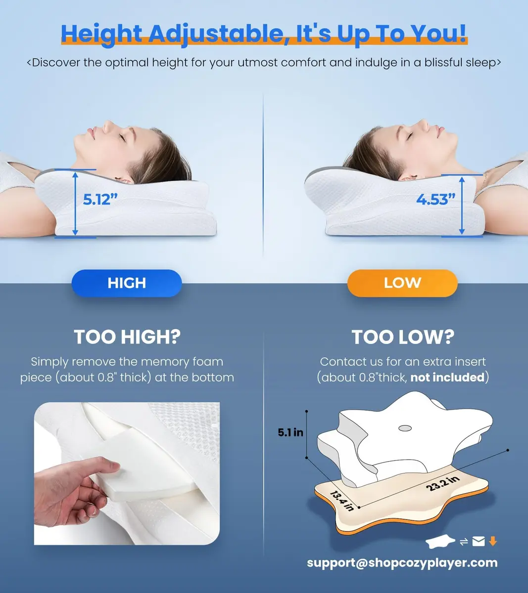 Cozyplayer Ergonomic Cervical Memory Foam Pillow | 59cm (23.2 in) x 34cm (13.4 in) x 13cm (5.1 in) | Neck Pain Relief - view 4