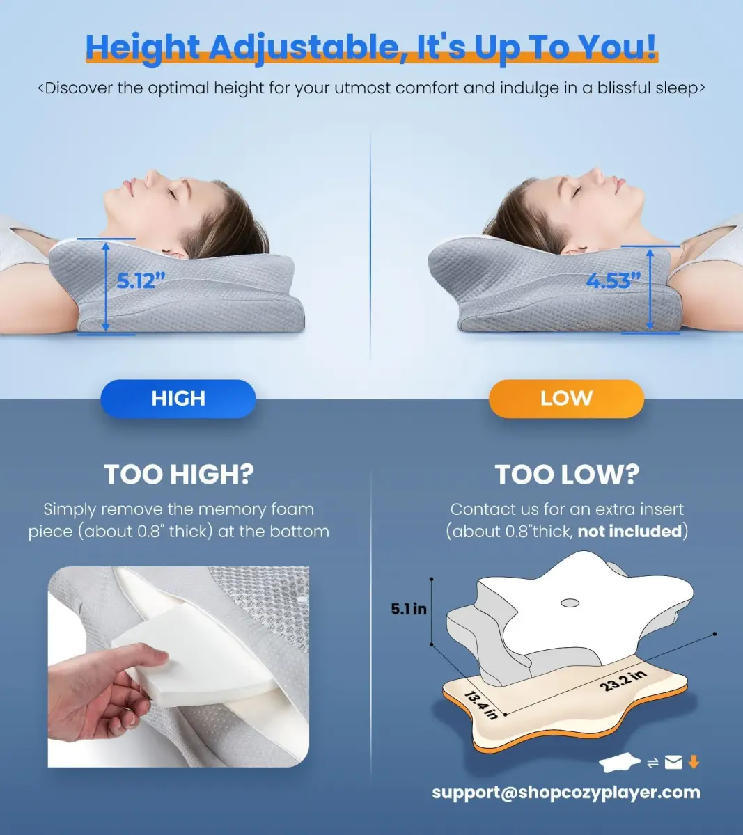 Cozyplayer Ultra Pain Relief Cooling Pillow for Neck Support, Adjustable Cervical Pillow 57cm x 34cm (22.4" x 13.4") | Orthopedic Memory Foam for Side Back Stomach Sleepers - view 4