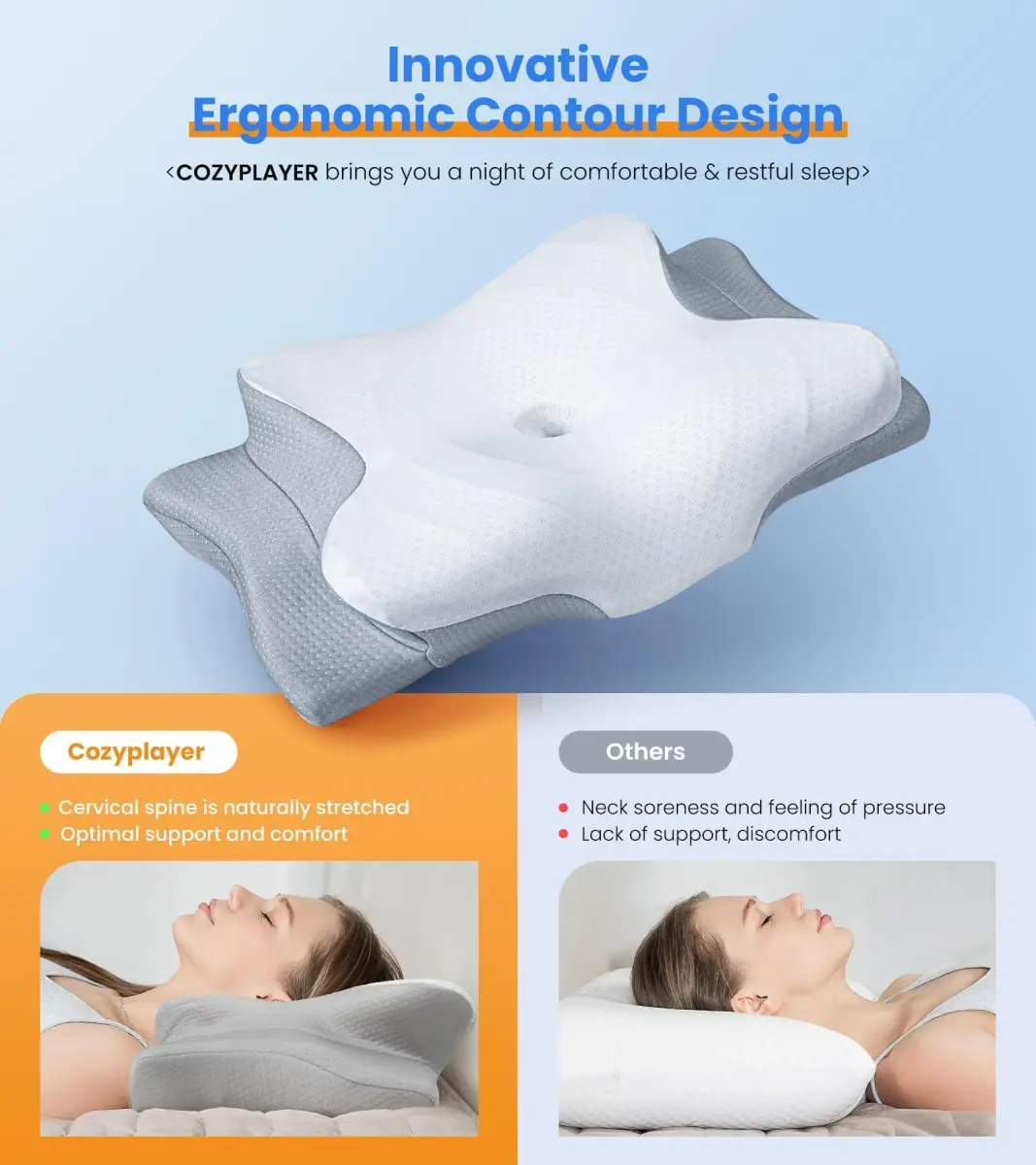 Cozyplayer Ultra Pain Relief Cooling Pillow for Neck Support, Adjustable Cervical Pillow 57cm x 34cm (22.4" x 13.4") | Orthopedic Memory Foam for Side Back Stomach Sleepers - view 2