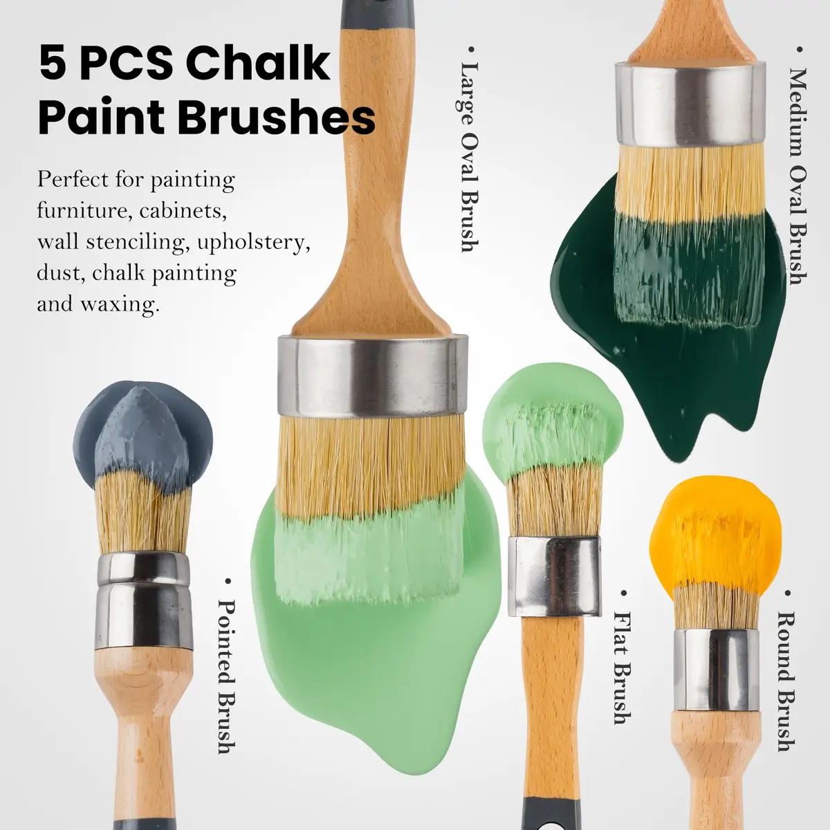 YiBaiBrush Chalk Paint Brush, Wax Paint Brush Set of 5, Natural Bristle | Ideal for Chalk & Wax Projects - view 2