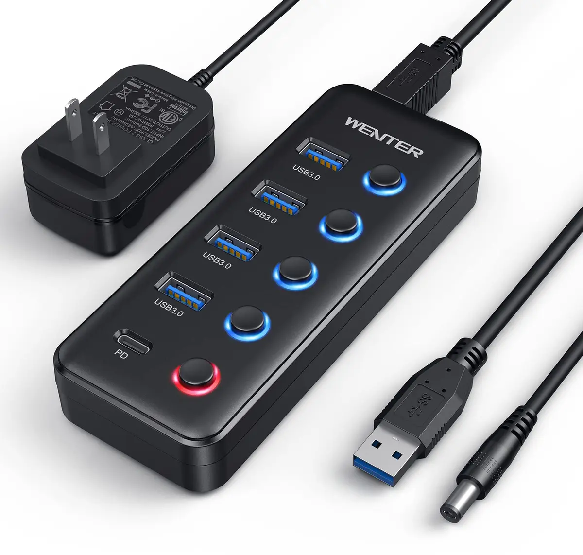 WENTER Powered USB 3.0 Hub 5-Port with Type-C Charging | 4 Data + 1 Charging Ports, LED Switches, Compatible with Mac & PC - main product image