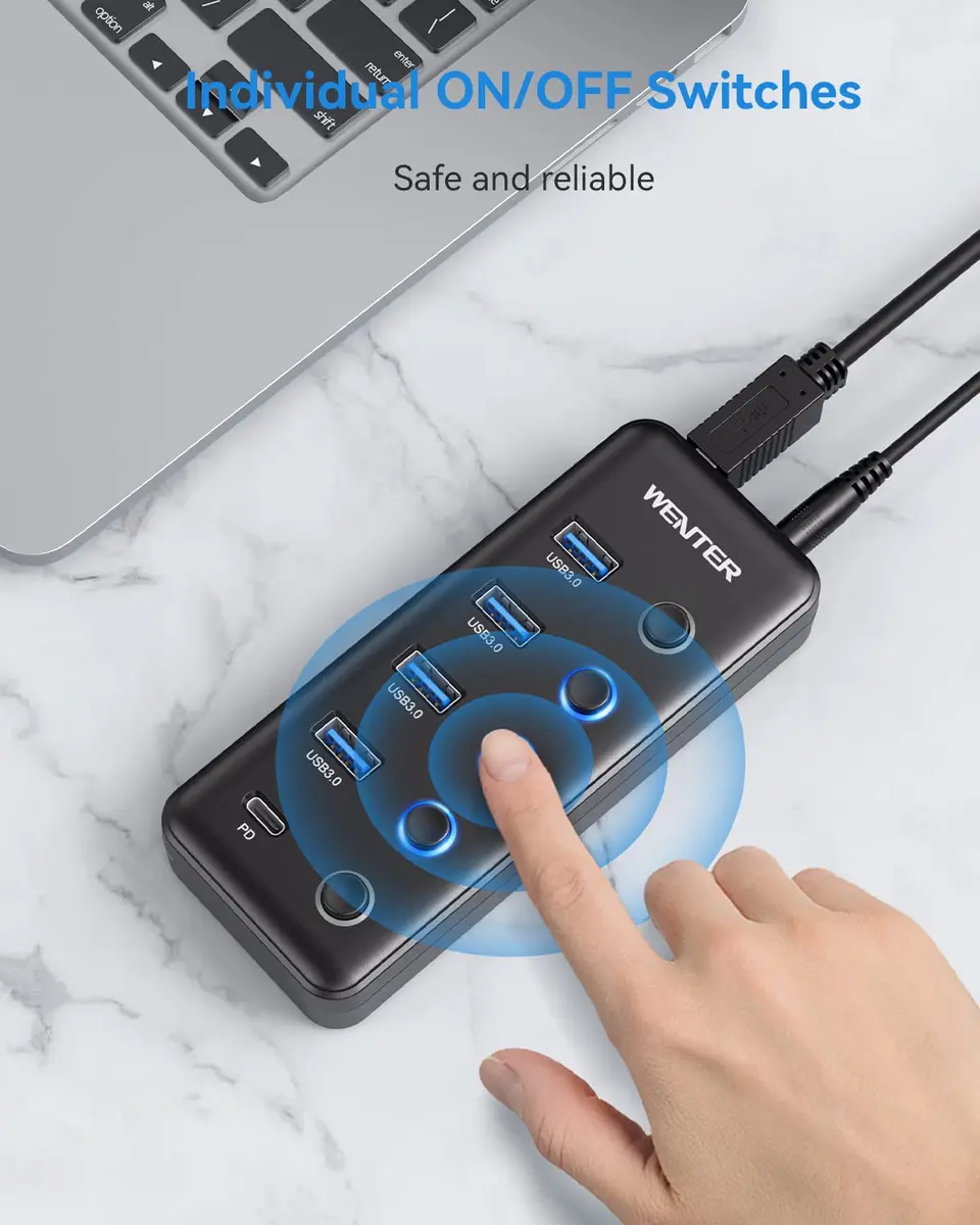 WENTER Powered USB 3.0 Hub 5-Port with Type-C Charging | 4 Data + 1 Charging Ports, LED Switches, Compatible with Mac & PC - view 2