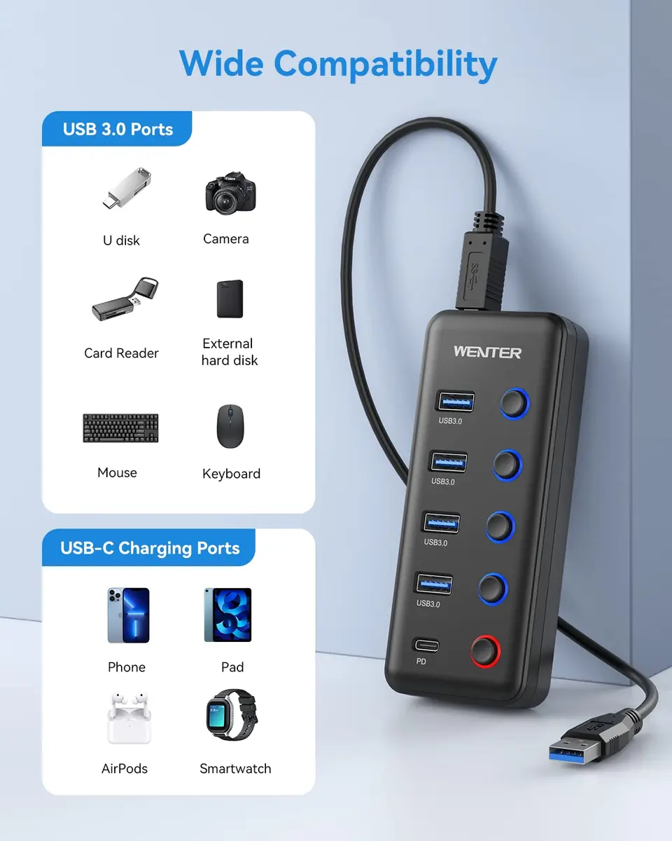 WENTER Powered USB 3.0 Hub 5-Port with Type-C Charging | 4 Data + 1 Charging Ports, LED Switches, Compatible with Mac & PC - view 3
