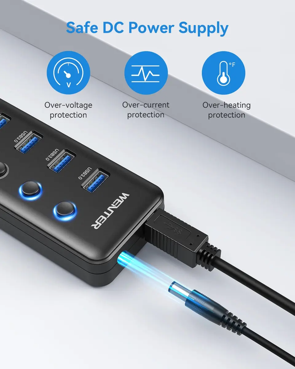 WENTER Powered USB 3.0 Hub 5-Port with Type-C Charging | 4 Data + 1 Charging Ports, LED Switches, Compatible with Mac & PC - view 4