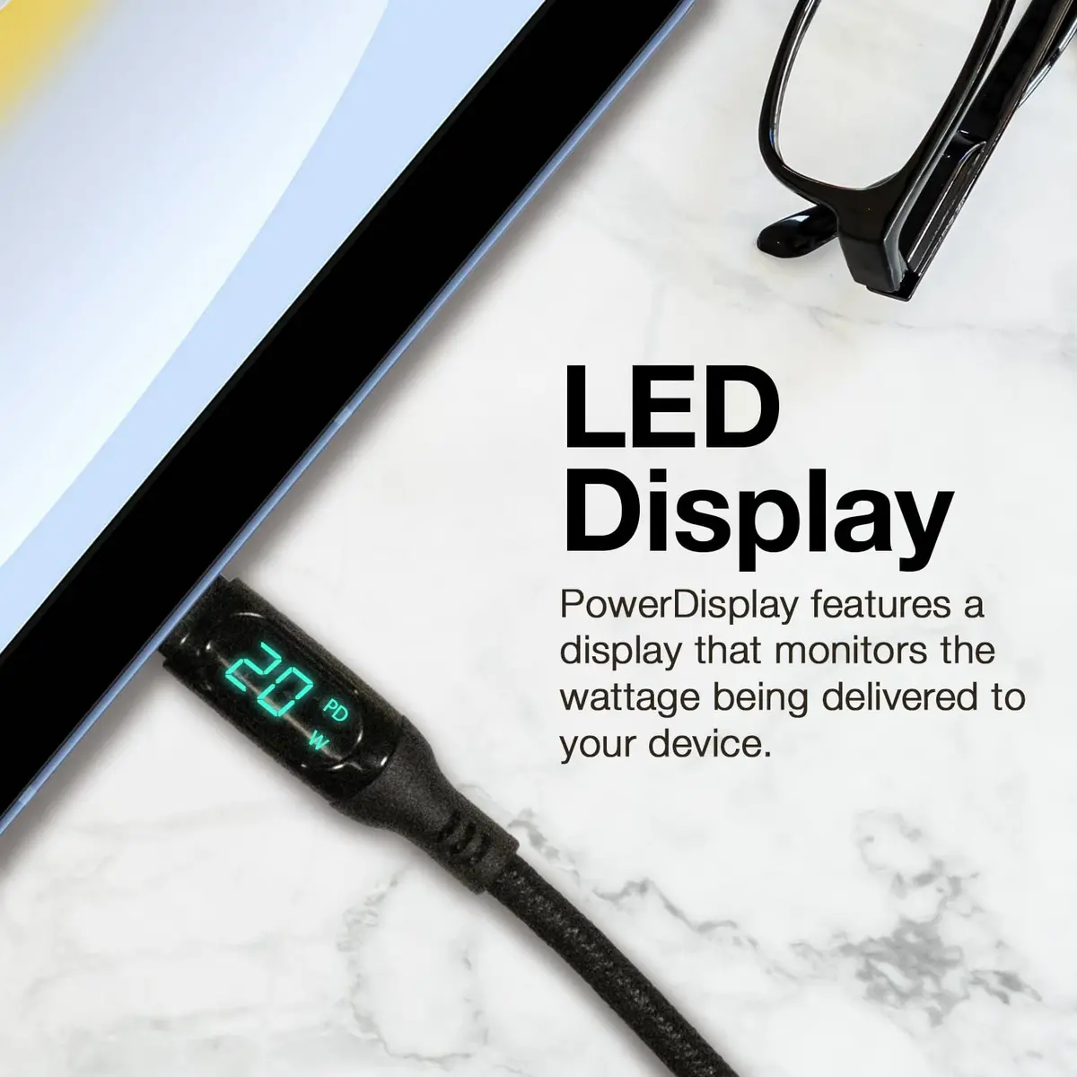 BoxWave PowerDisplay PD Cable 6ft | USB-C to USB-C 100W with LED Wattage Display - view 3