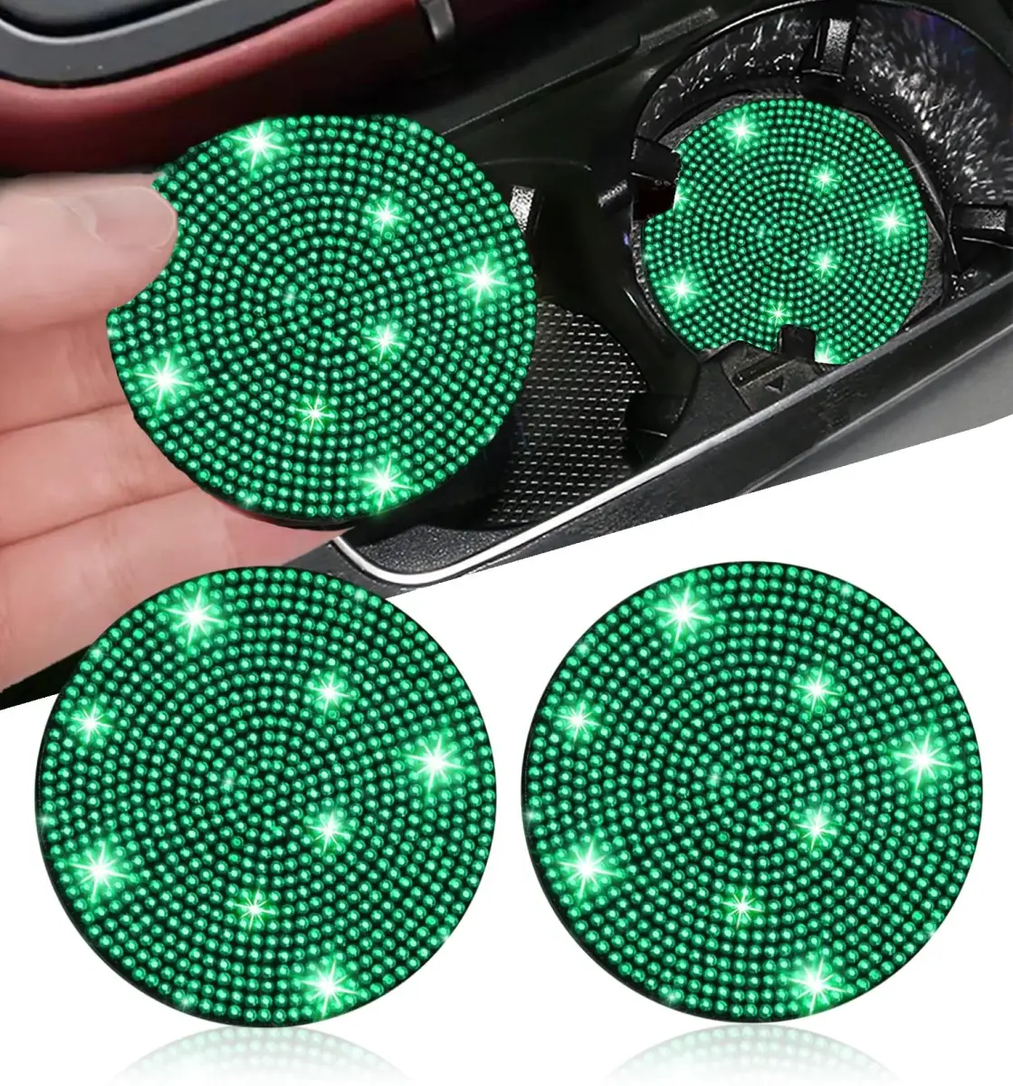 NBTEPEM Bling Car Cup Holder Coasters - 2.75 inch, 2 pcs, Green | Sparkle & Protect Your Car Interior - main product image